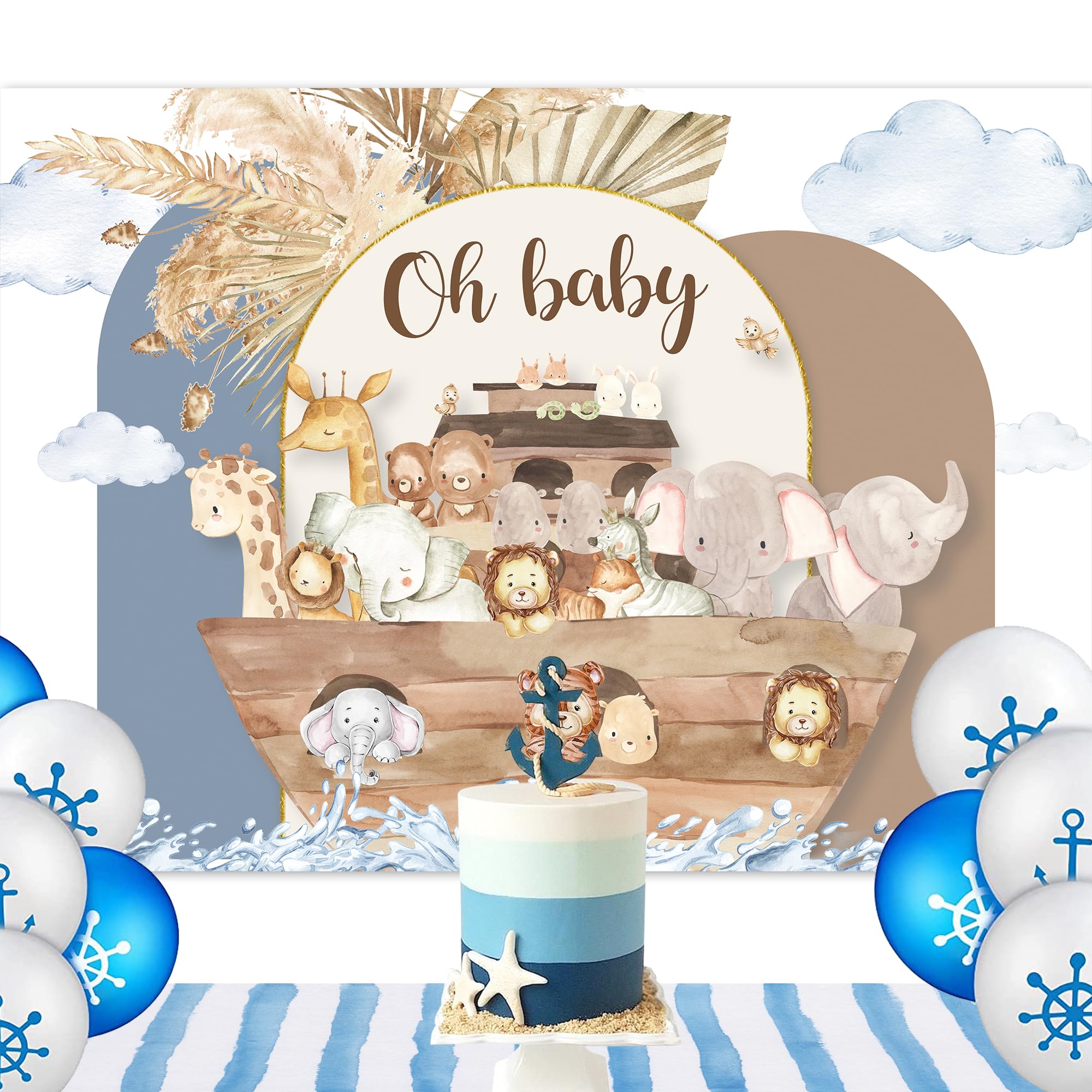 Glawry Noah'S Ark Backdrop For Photography 7Wx5H Feet Oh Baby Boho Blue Pampas Flower Cartoon Woodland Animal Ocean Lovely Cloud