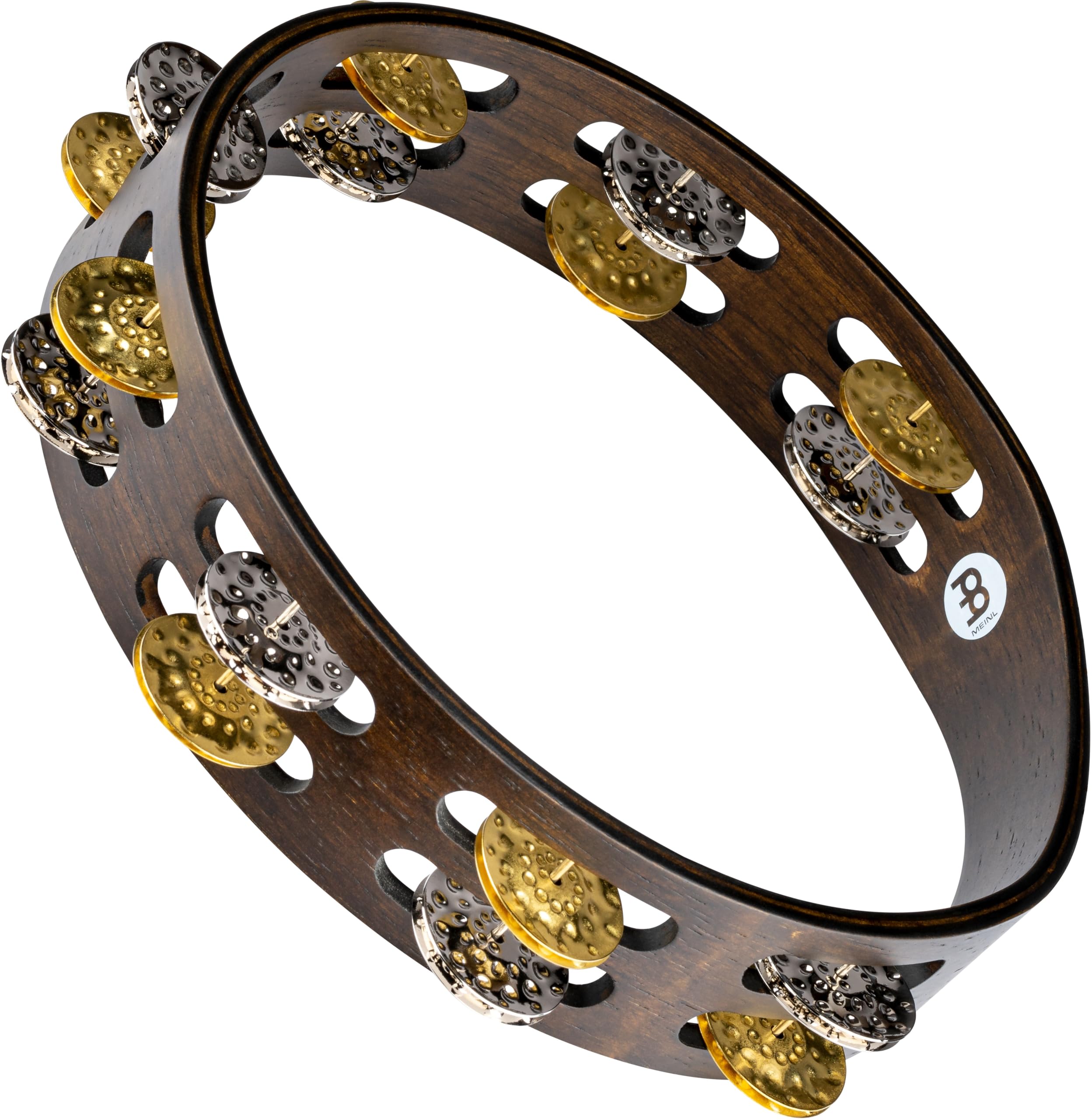 Meinl Percussion Vintage Wood Tambourine with Hammered Plated Steel/Solid Brass Jingles, Double Row  NOT Made in China  for Al