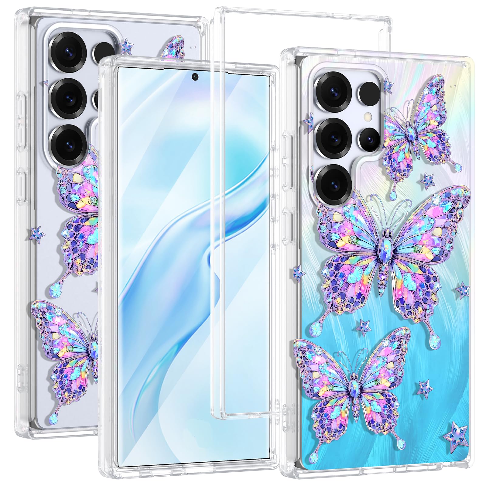 Rancase for Samsung Galaxy S25 Ultra Case, Translucent Butterfly Design, Removable Glitter Card, Hard PC&TPU Bumper 2-in-1 Prote