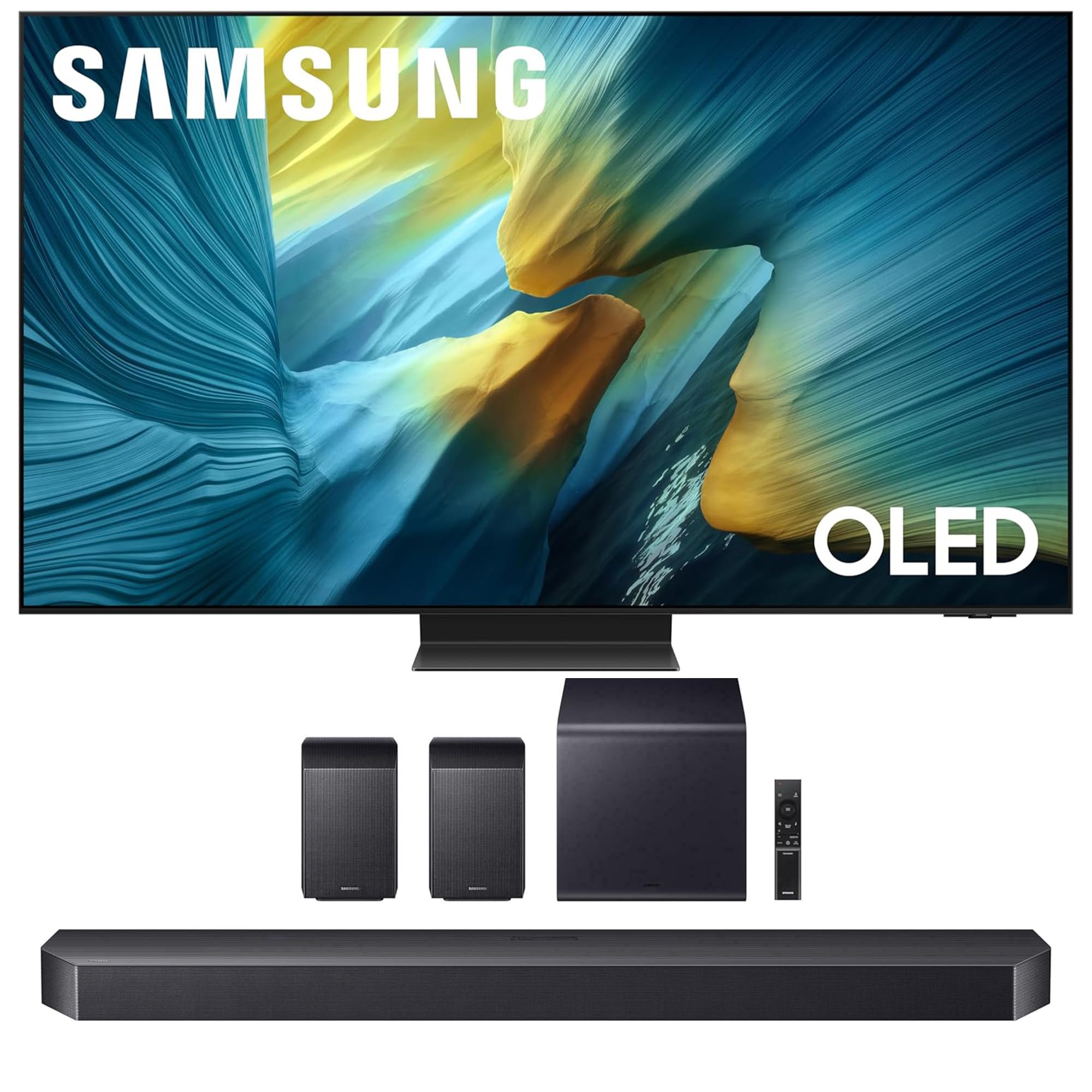 SAMSUNG QN65S95FAFXZA 65 Inch OLED HDR Pro 4K Smart TV with a HW-Q990F Q Series Soundbar 11.1.4 Ch Subwoofer with Rear Speakers