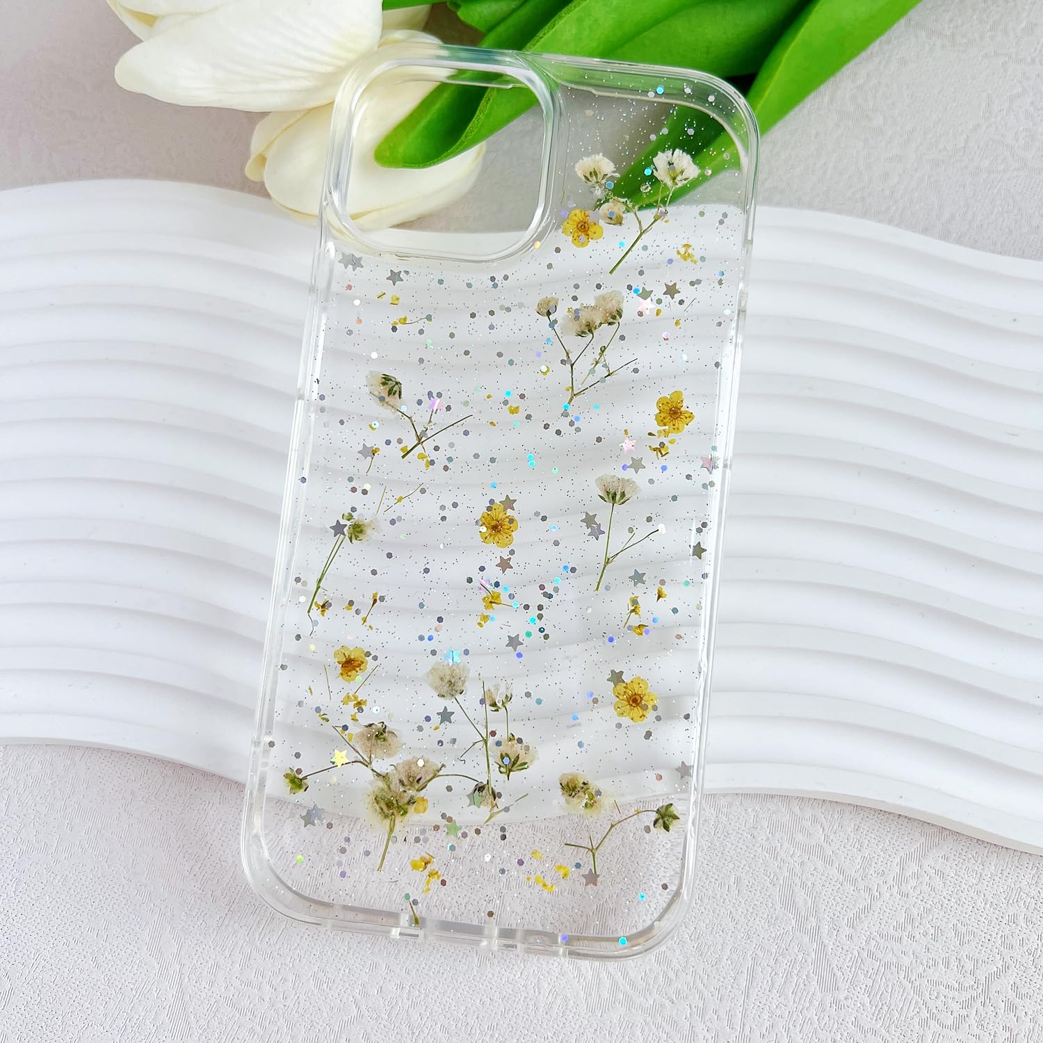 Lseeka For Iphone 13 Mini/Iphone 12 Mini Clear Case With Pressed Real Flowers Design,Glitter Cute Yellow Floral Slim Soft Tpu Pr