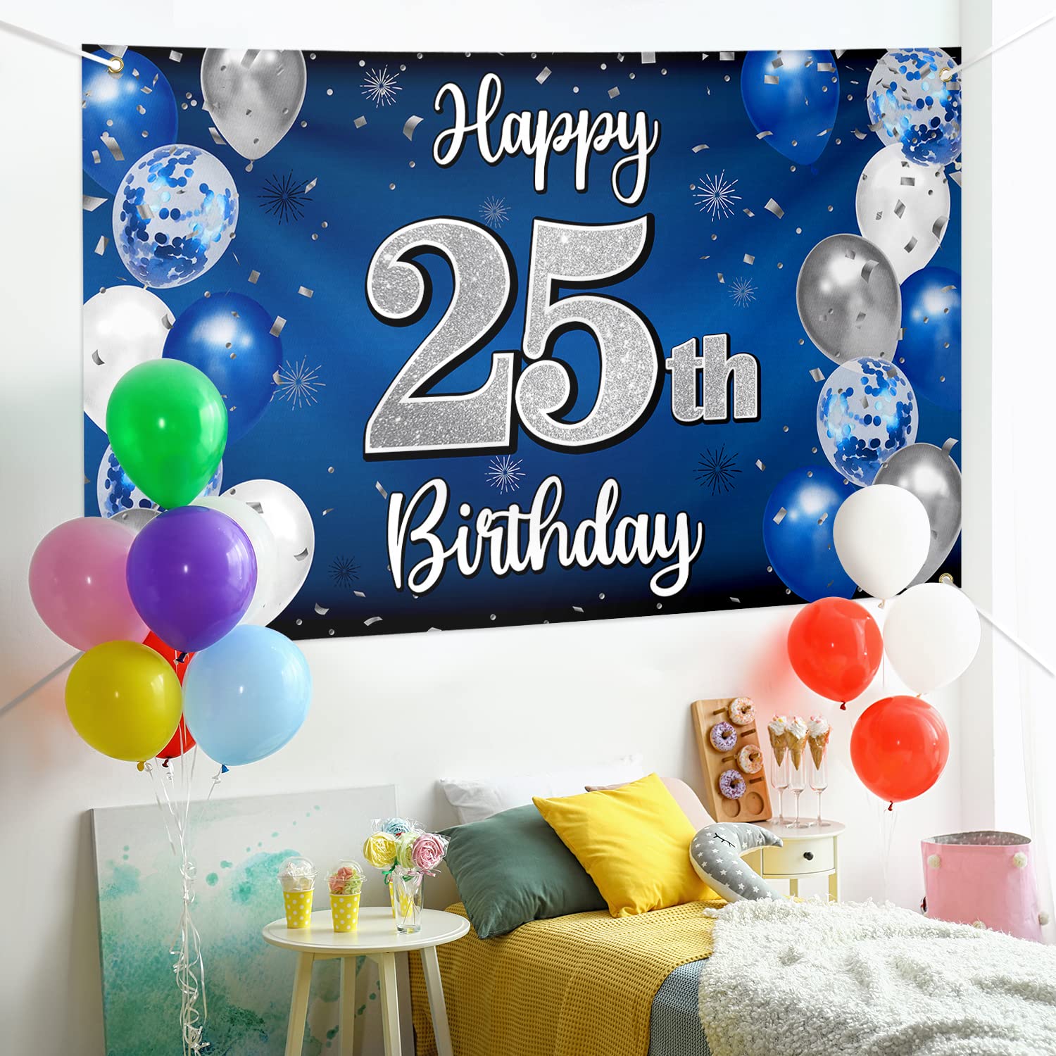Nelbiirth Happy 25Th Birthday Decorations,25Th Blue & Silver Balloon Large Birthday Banner Backdrop Sign,25Th Bday Party Supplie