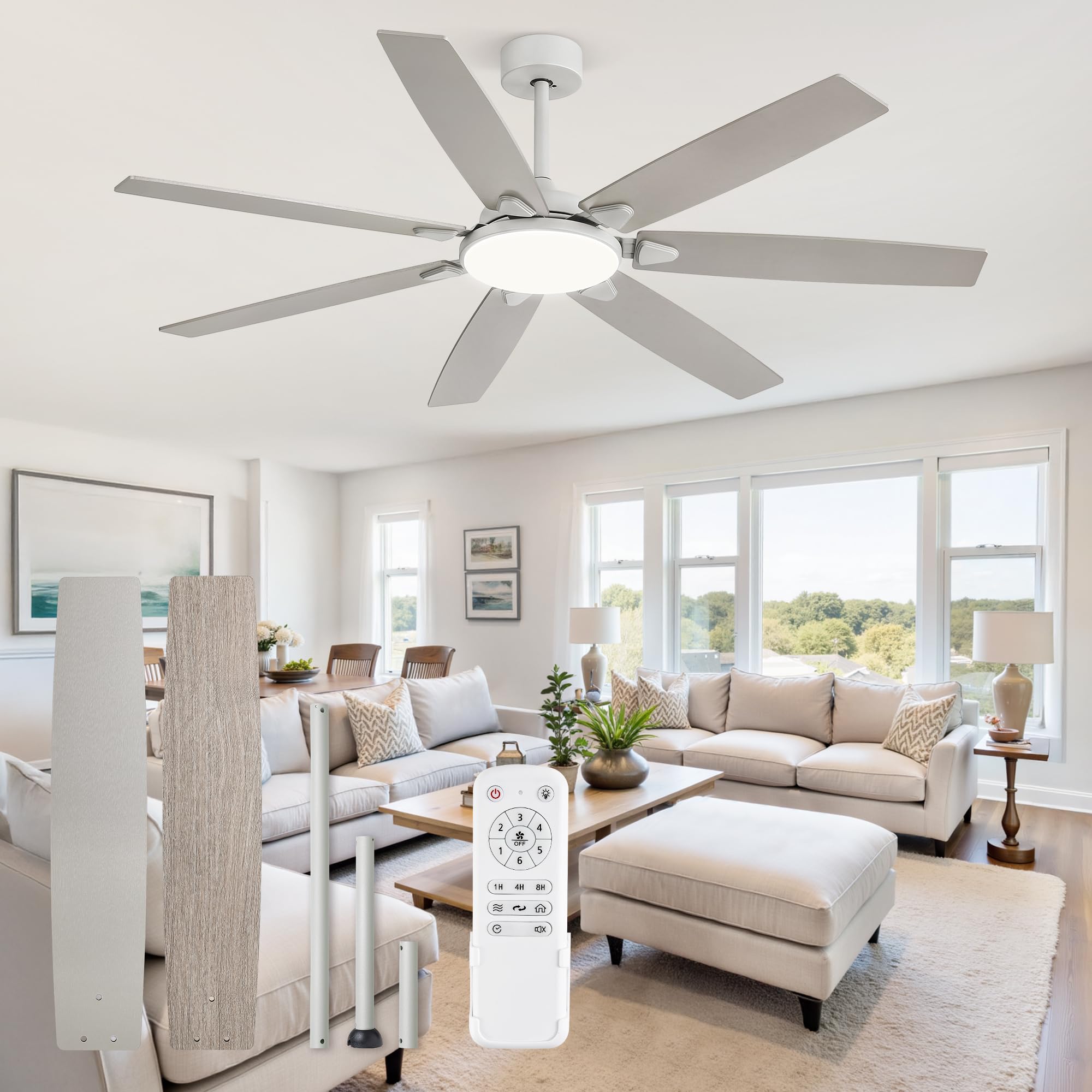 Fanbulous 62 Inch Large Ceiling Fans with Lights and Remote, Grey Modern Ceiling Fan with 3CCT LED Light, Quiet DC Motor,Indoor/