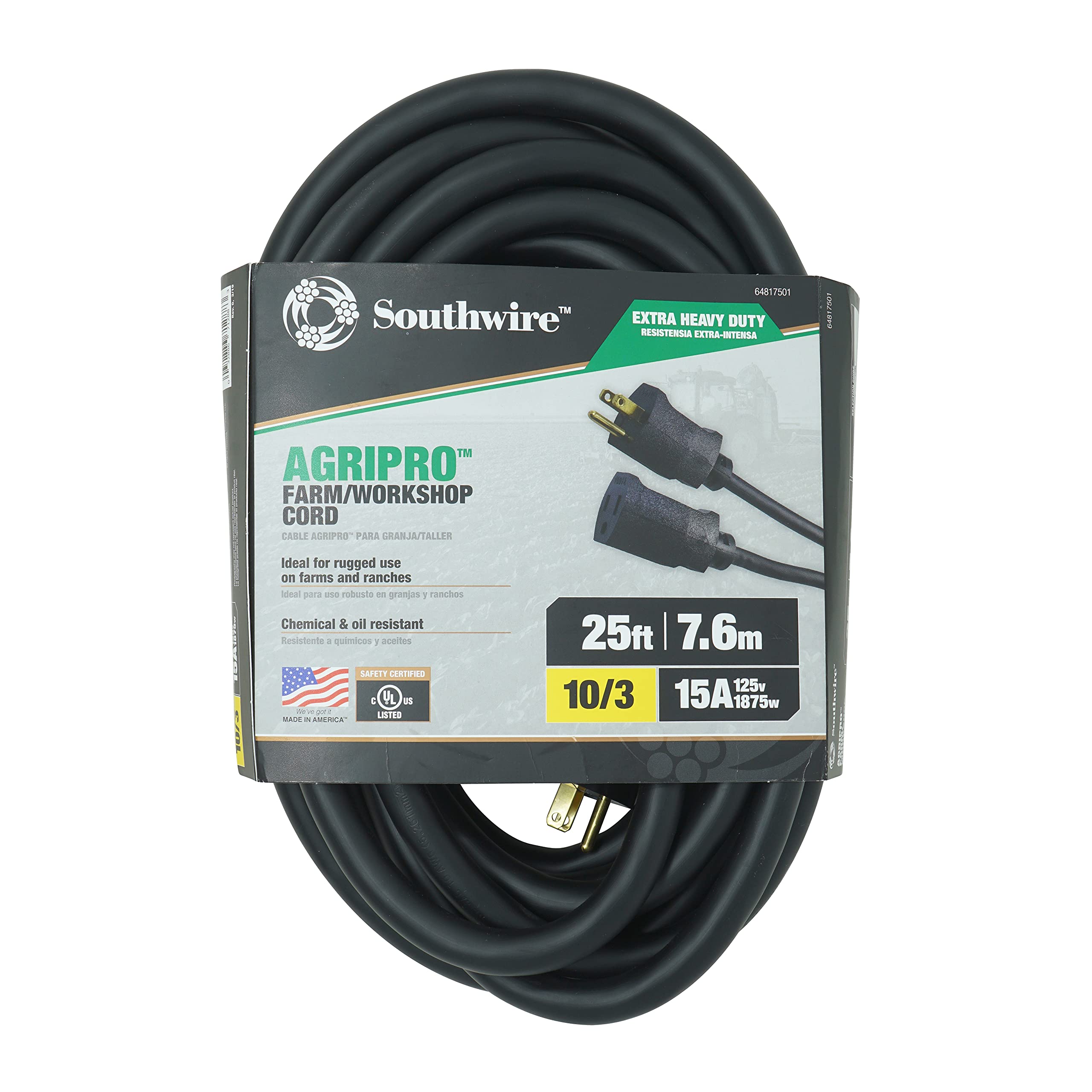 Southwire Agripro 10/3 Extra Heavy Duty Extension Cord, 25Ft, Farm/Workshop Cord, Sjtow, Black, 64817501