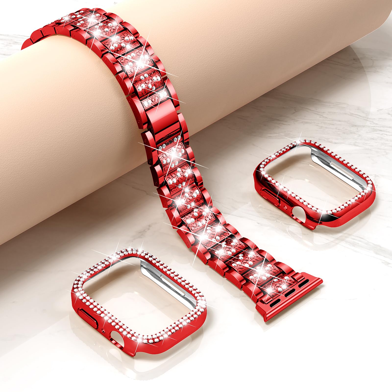 Mosonio Compatible With Apple Watch Band Series 41Mm With Case Women, Jewelry Replacement Metal Wristband Strap With 2 Pack Blin