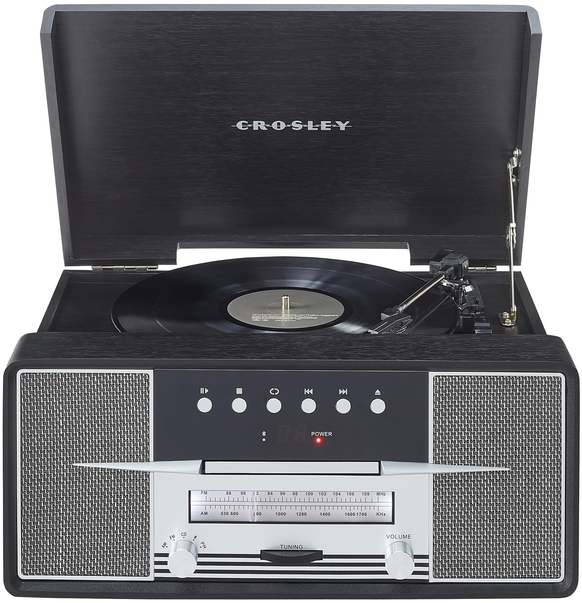 Crosley CR7016A-BK Rhapsody 7-in-1 Bluetooth 3-Speed Vinyl Record Player Turntable, CD Player, AM/FM Radio, Black