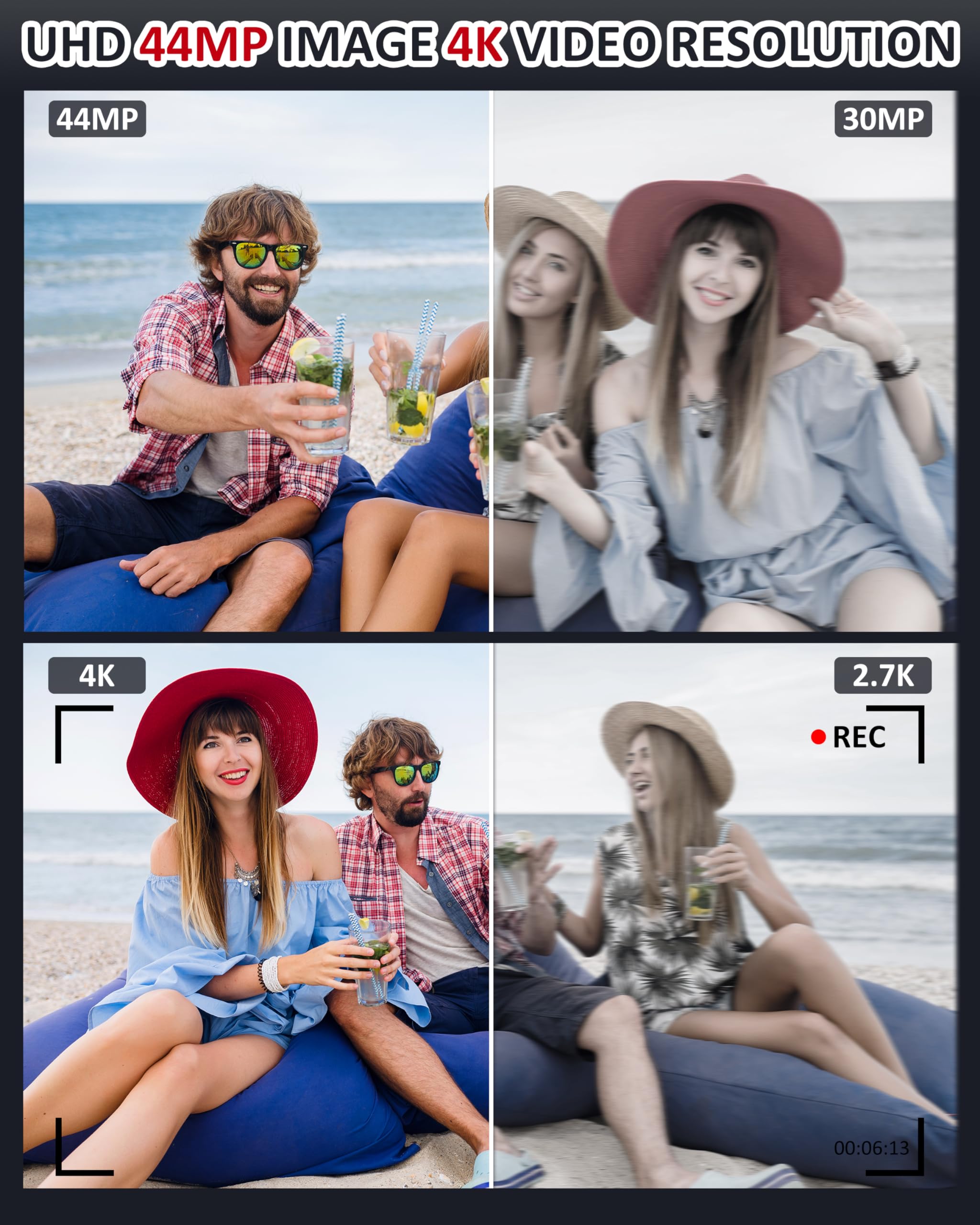 Digital Camera   4K 44Mp Uhd Digital Cameras For Photography   Autofocus Point And Shoot Vlogging Camera With 16X Zoom, 32Gb Sd