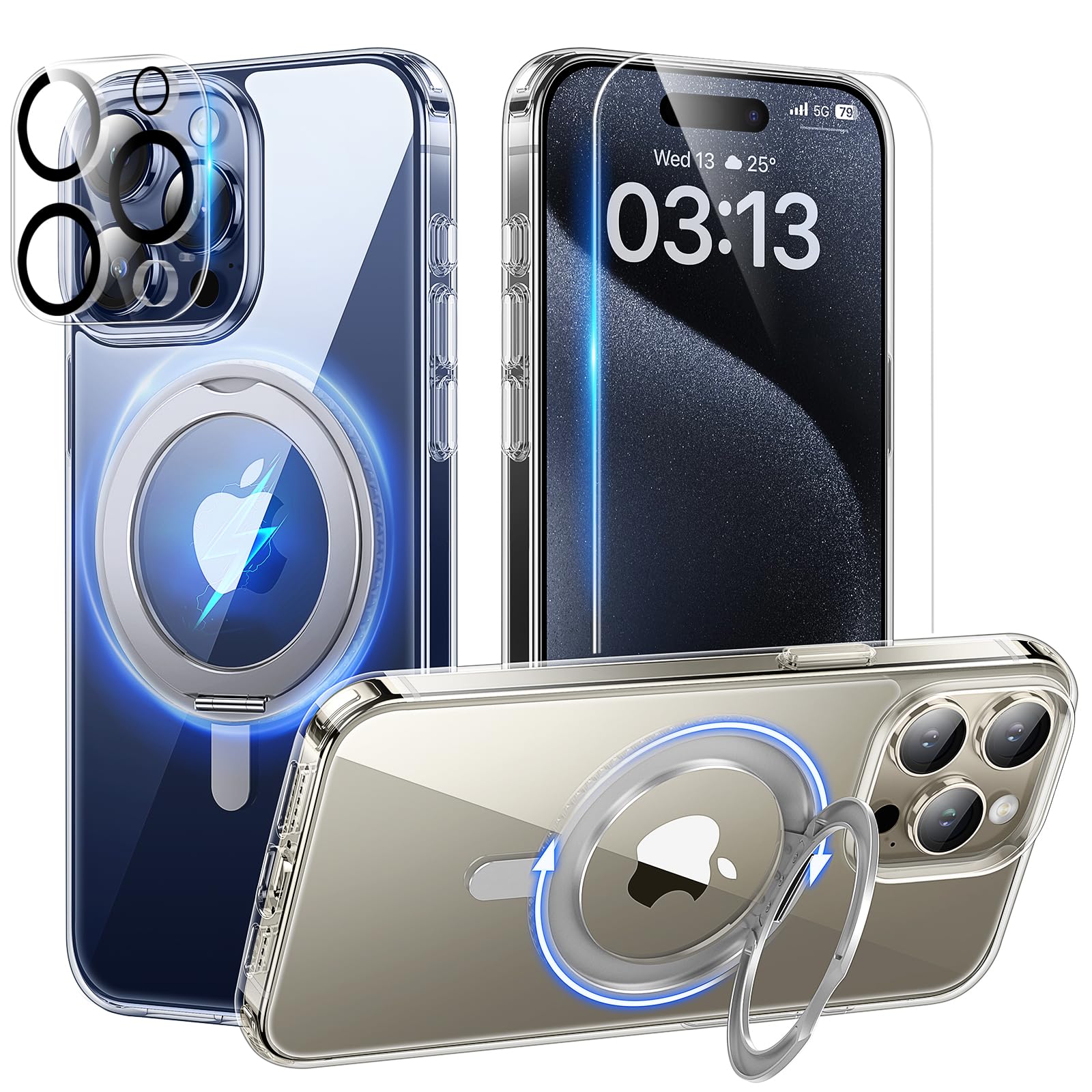 Tauri 360Rotatable Magnetic Ring For Iphone 15 Pro Max Case Clear, [Designed For Magsafe] With Stand & Ring Holder, [Not Yellowi