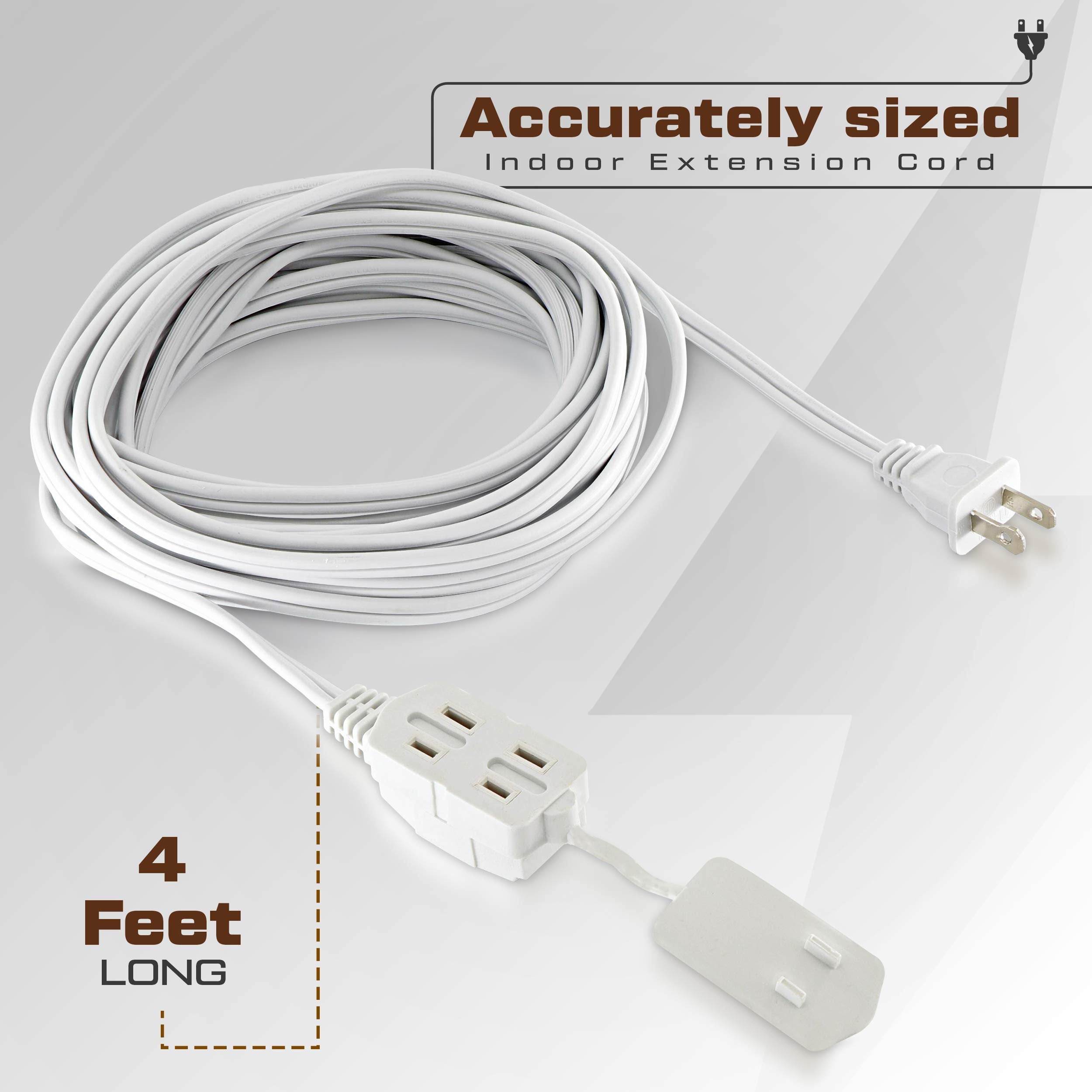 25 Feet White Extension Cord 3 Outlet 2 Prong 16 Gauge Cable, Indoor Use, 3 Receptacle Cube Tap, Extension Cord   By Revpex