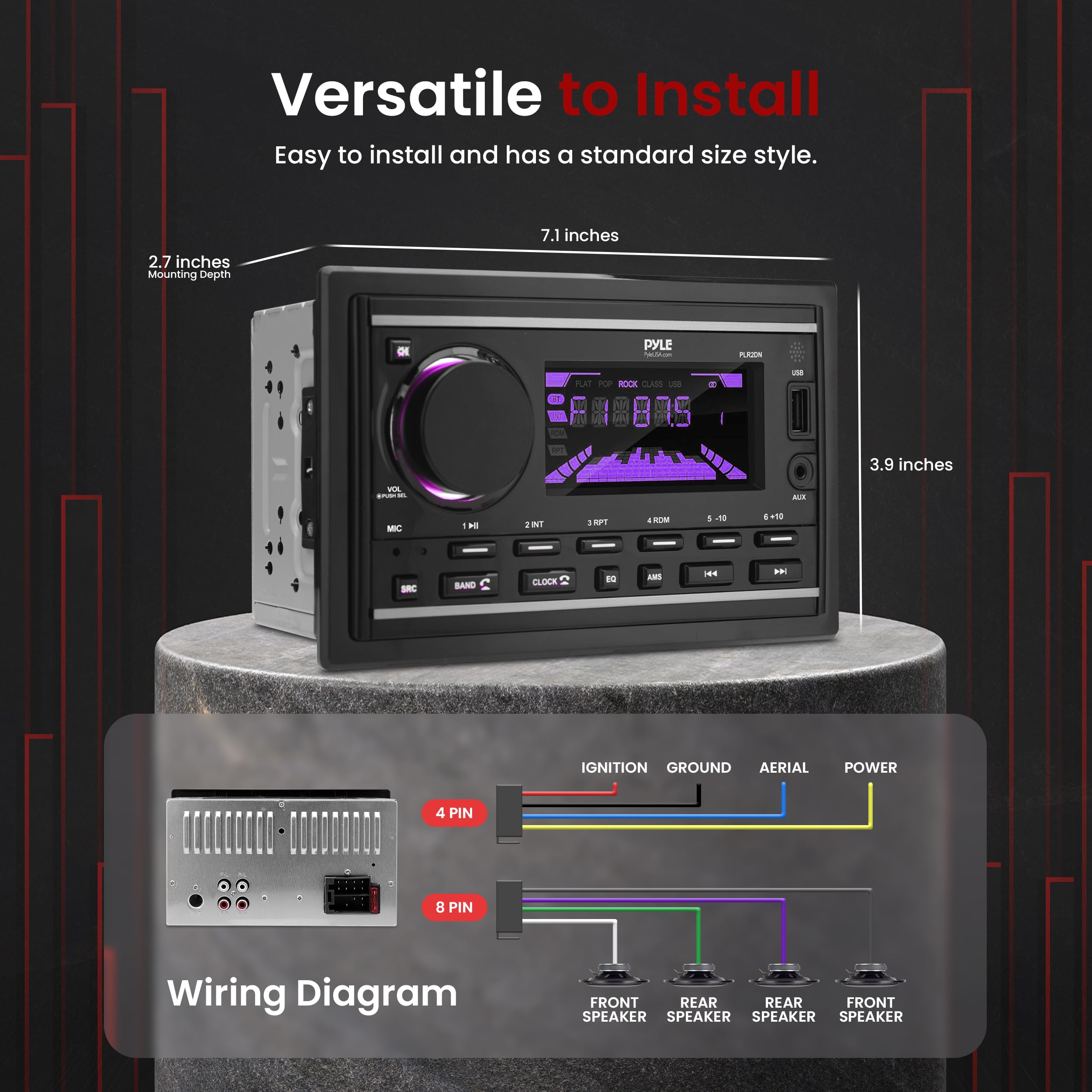 Pyle Boat Bluetooth Marine Stereo Receiver   Marine Head Unit Double Din Stereo Receiver Power Amplifier   Hands Free Calling, L