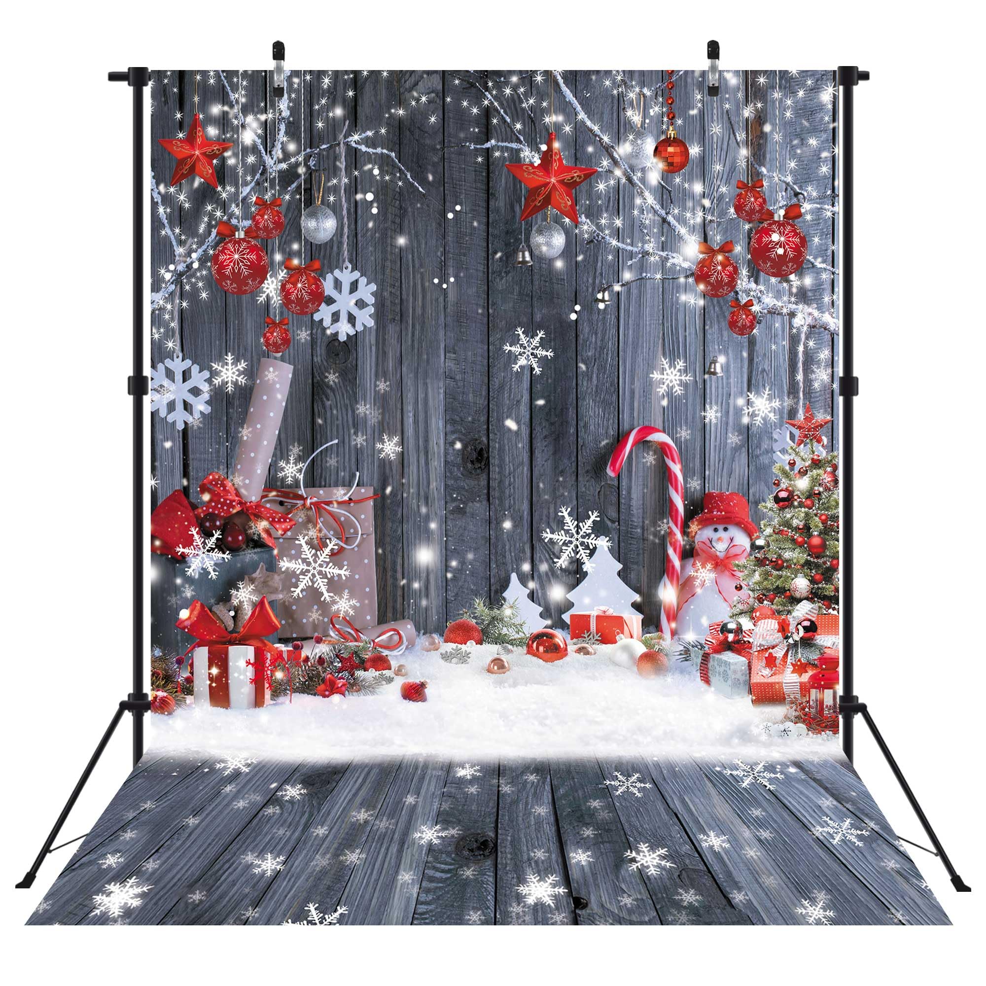 Livucee 8X10Ft Christmas Wood Wall Photography Banner Backdrop Winter Holiday Snowflake Xmas Tree Wood Floor Background Party Su