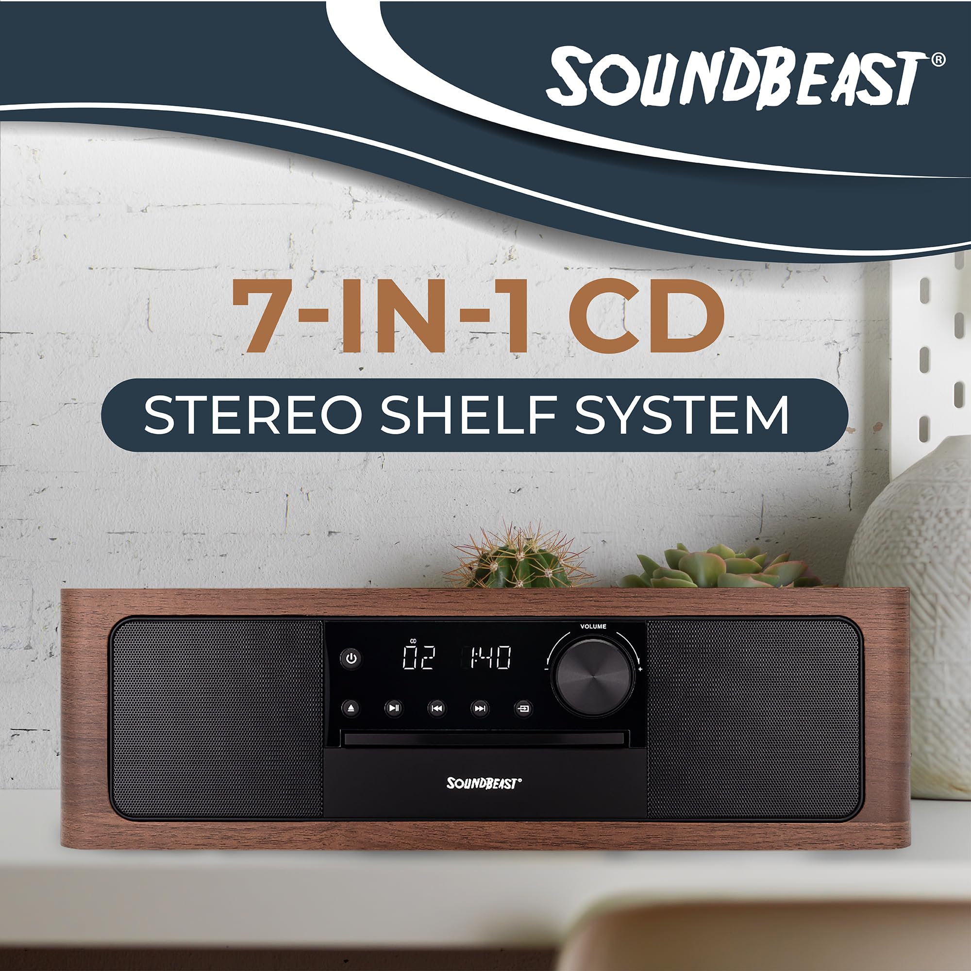Soundbeast Stereo Shelf System With Cd Player, Bluetooth, Fm Radio, Usb Playback, Aux In, Optical In, Alarm Clock, & Remote Cont
