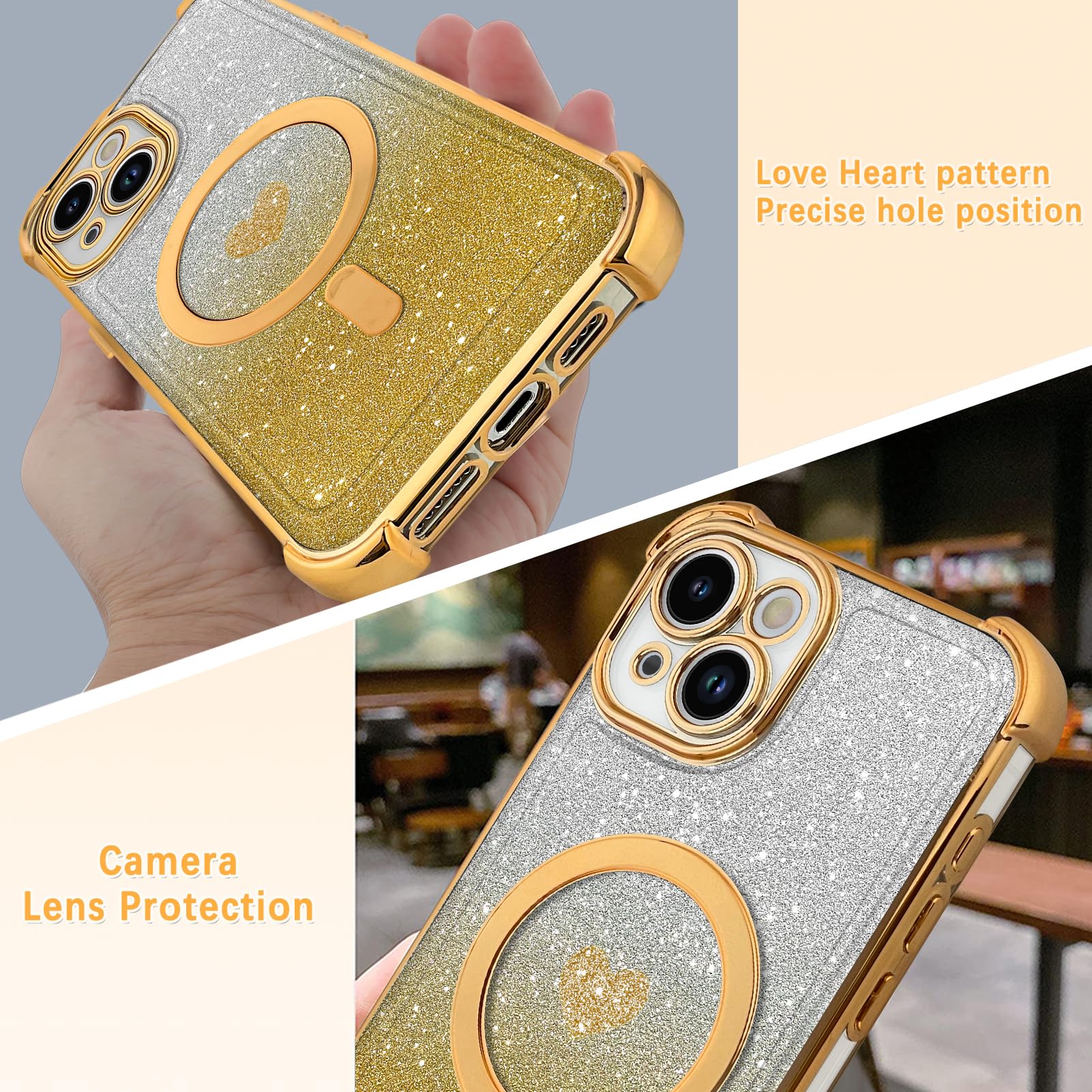Tharlet Magnetic For Iphone 15 Case [Compatible With Magsafe] Glitter Cute Love Luxury Plating Plating Bling Clear Phone Case Wi