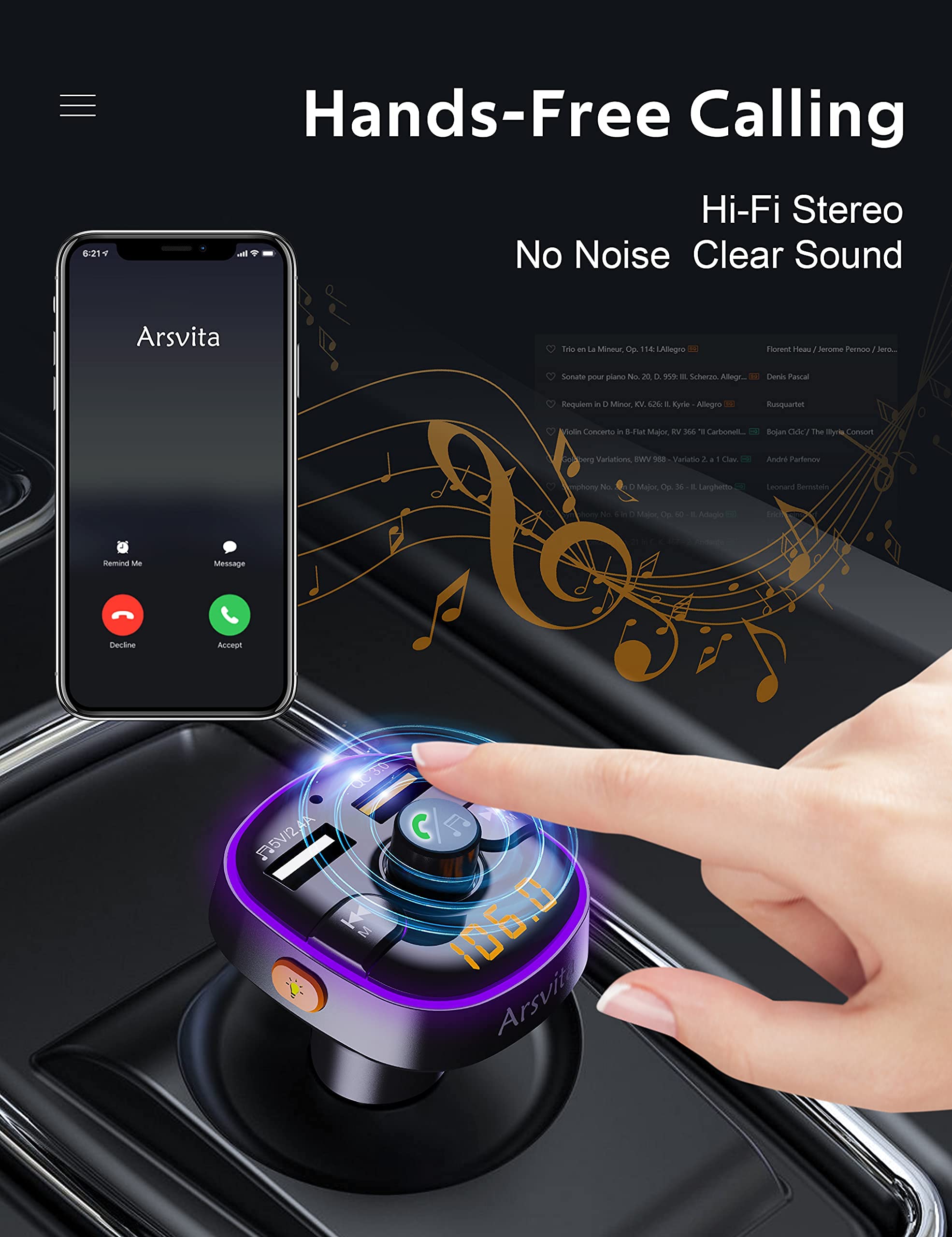 Arsvita Bluetooth Fm Transmitter For Car, Radio Receiver/Audio Adapter With Dual Car Charger, Support Qc3.0 Quick Charging, Hands Free Calling And Hi Fi Sound Playback, Black