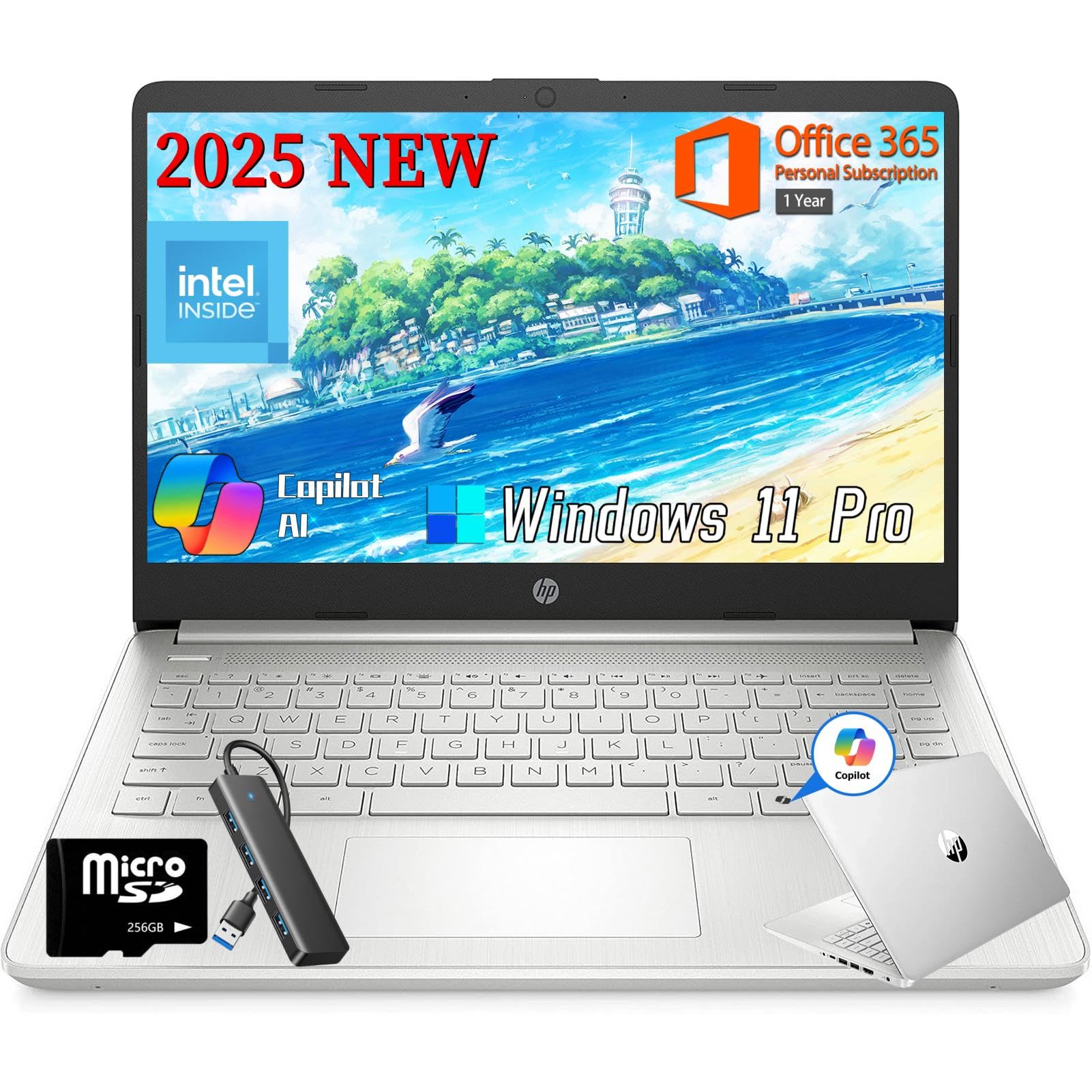 HP 2025 14 Inch Student Business Laptop, Intel Processor N150, 16 GB RAM, 384 GB Storage(128GB UFS+256GB MSD), Copilot Key, AI P
