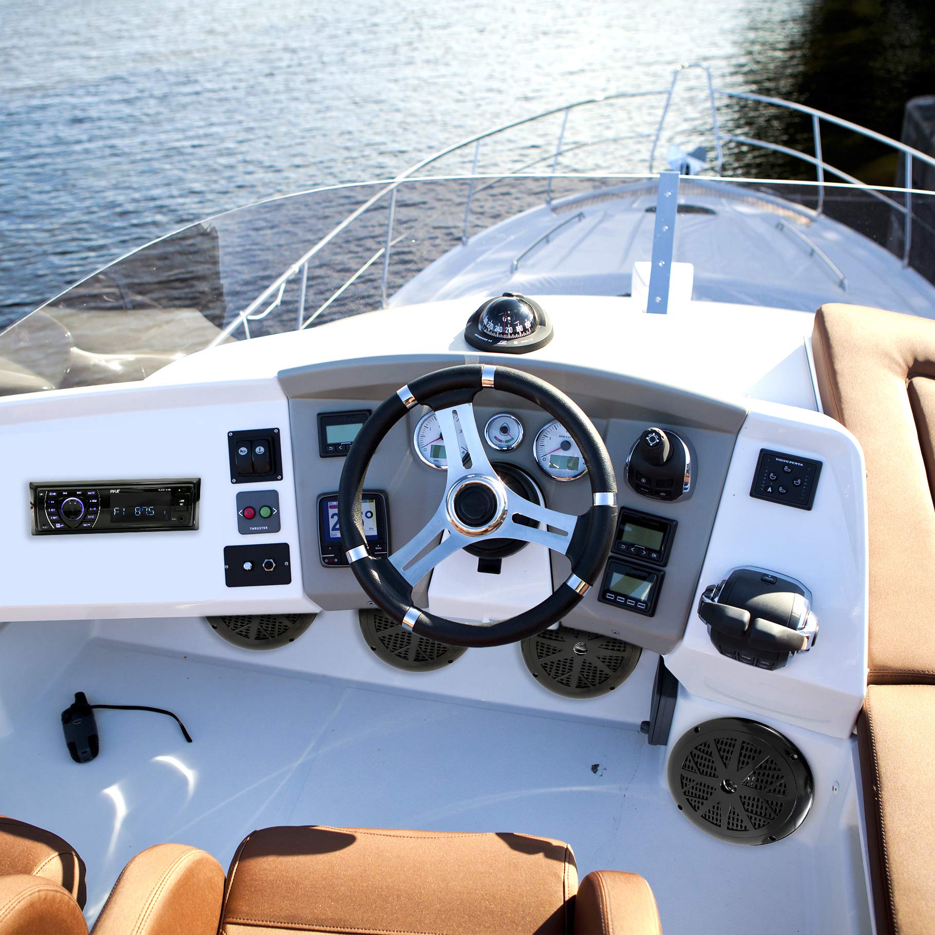 Pyle Marine Head Unit Receiver Speaker Kit   In Dash Lcd Digital Stereo Built In Bluetooth & Microphone W/ Am Fm Radio System 6.