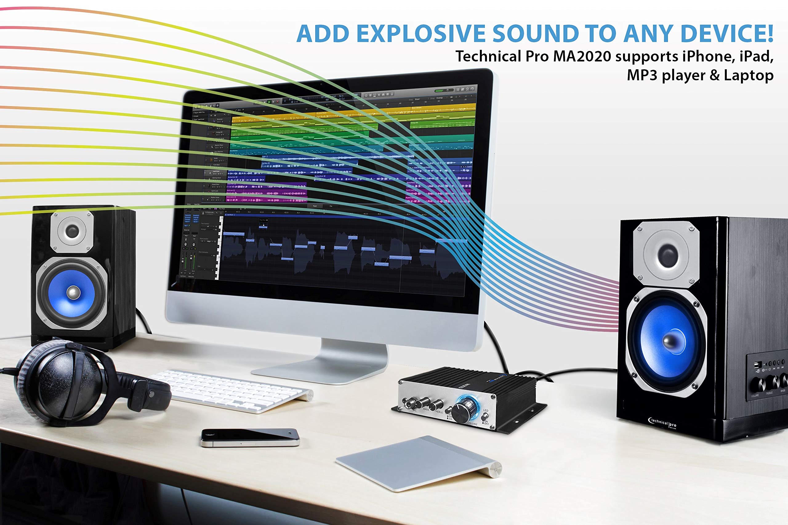 Technical Pro Class T Stereo Mini Amplifier With Power Supply, Headphone Output & Microphone Input, Silver (Ma2020)