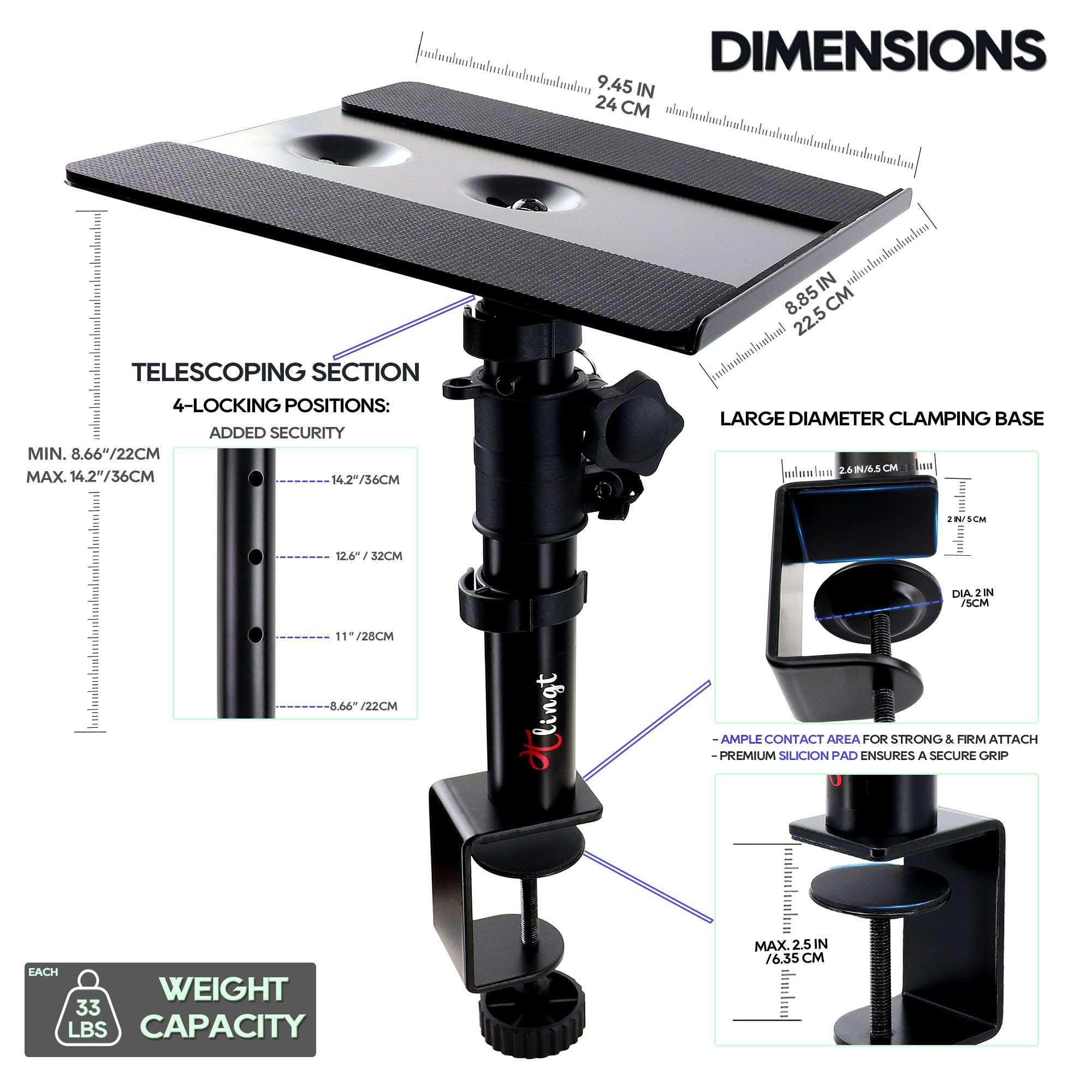 Tlingt Studio Monitor Stand Pair, Clamp-On Desk Set Of 2, 9.5X9 Inch Metal Tray, -10 To +10 Tilted Angle For Wide Range Of Monit