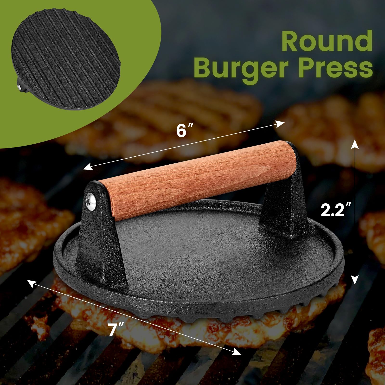 Whaleme Burger Press, Blackstone 7    Round Heavy Duty Cast Iron Smash Meat Steak With Wooden Handle For Blackstone Griddle, Ide