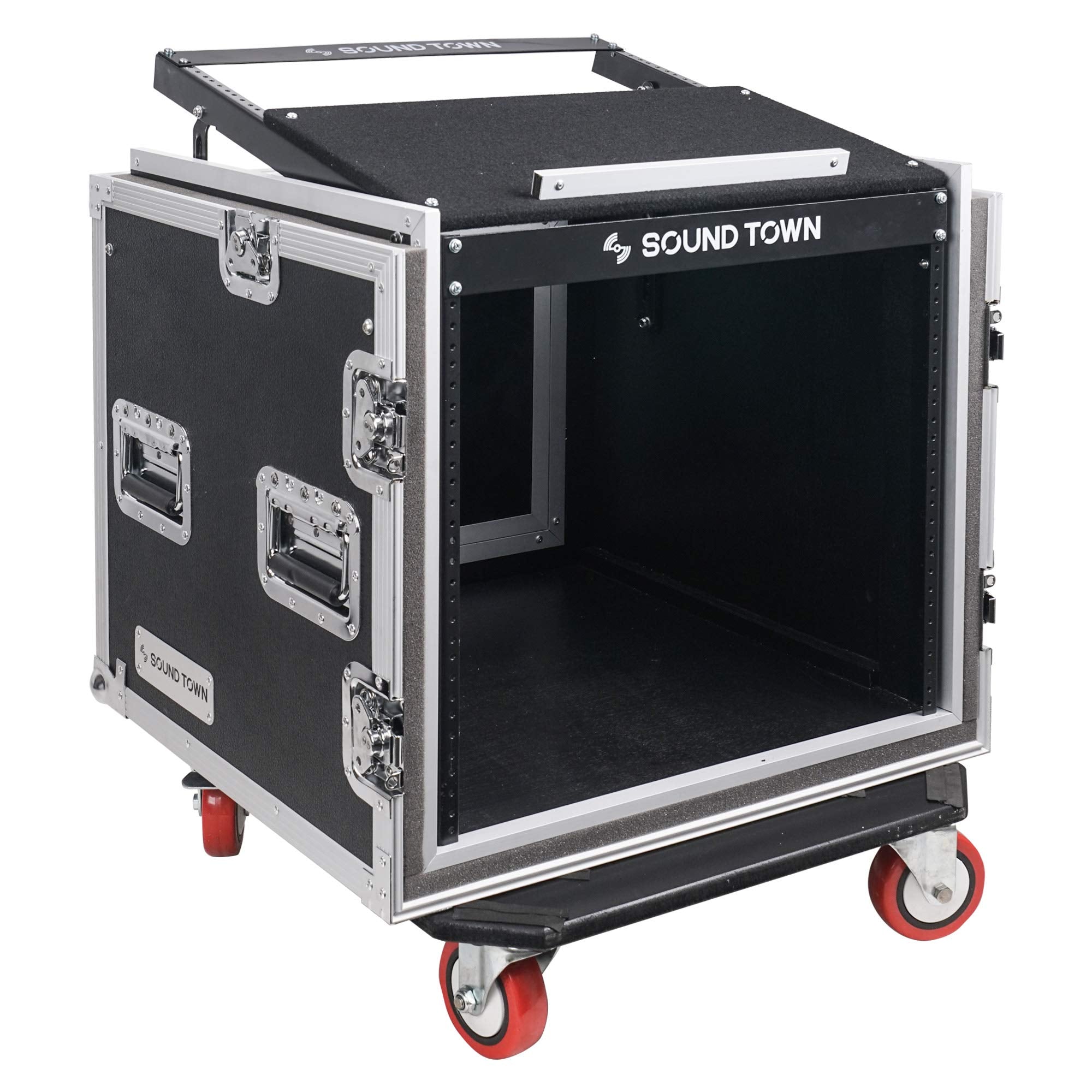 Sound Town Shock Mount 10U Ata Rack Case With 20    Rackable Depth, 11U Slant Mixer Top And Casters, 10 Space Size   Pro Tour Gr