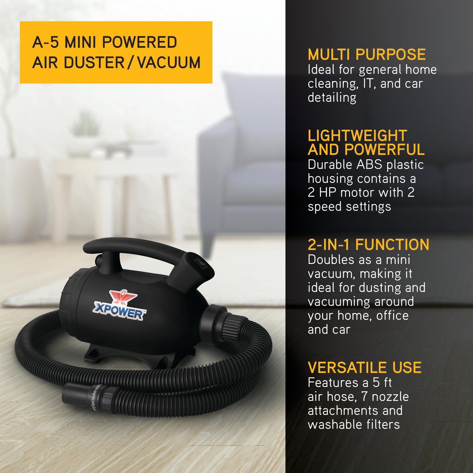 Xpower A 5 Electric Air Duster For Dusting, Drying, Inflating, Blowing, Vacuuming, Car Detailing, Computer, Leaf Blowing, 100 Cf