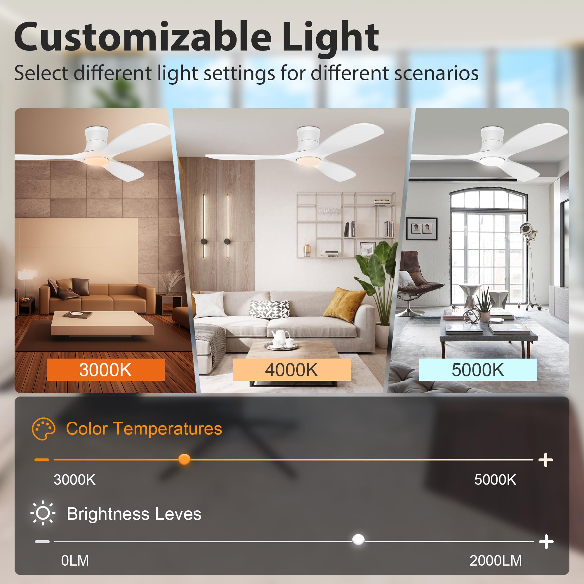 Livory 52    Wood Smart Flush Mount Ceiling Fans With Lights And Remote,Quiet Dc Motor,Outdoor Indoor Ultra Low Profile Ceiling