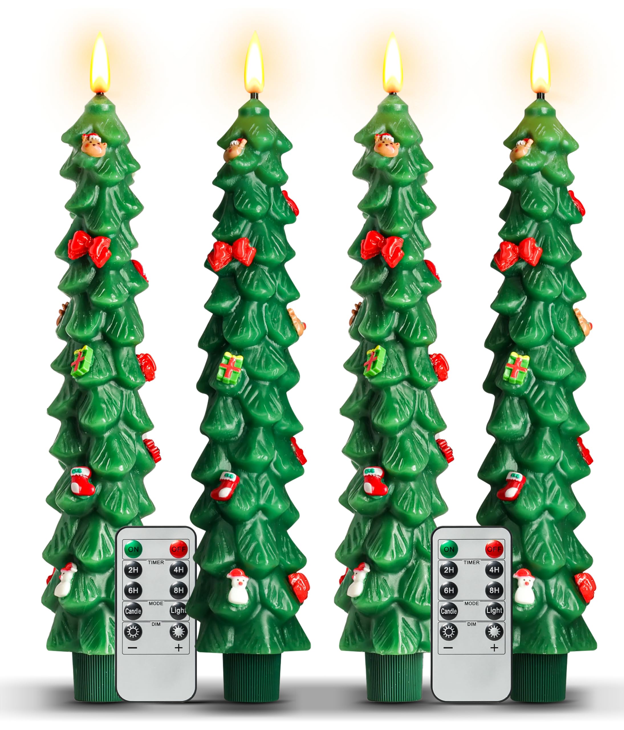 4Pcs Christmas Tree Flameless Taper Candles with Remote and Timer,LED Candles Battery Operated with Mini Ornaments,9.5 Real Wax 