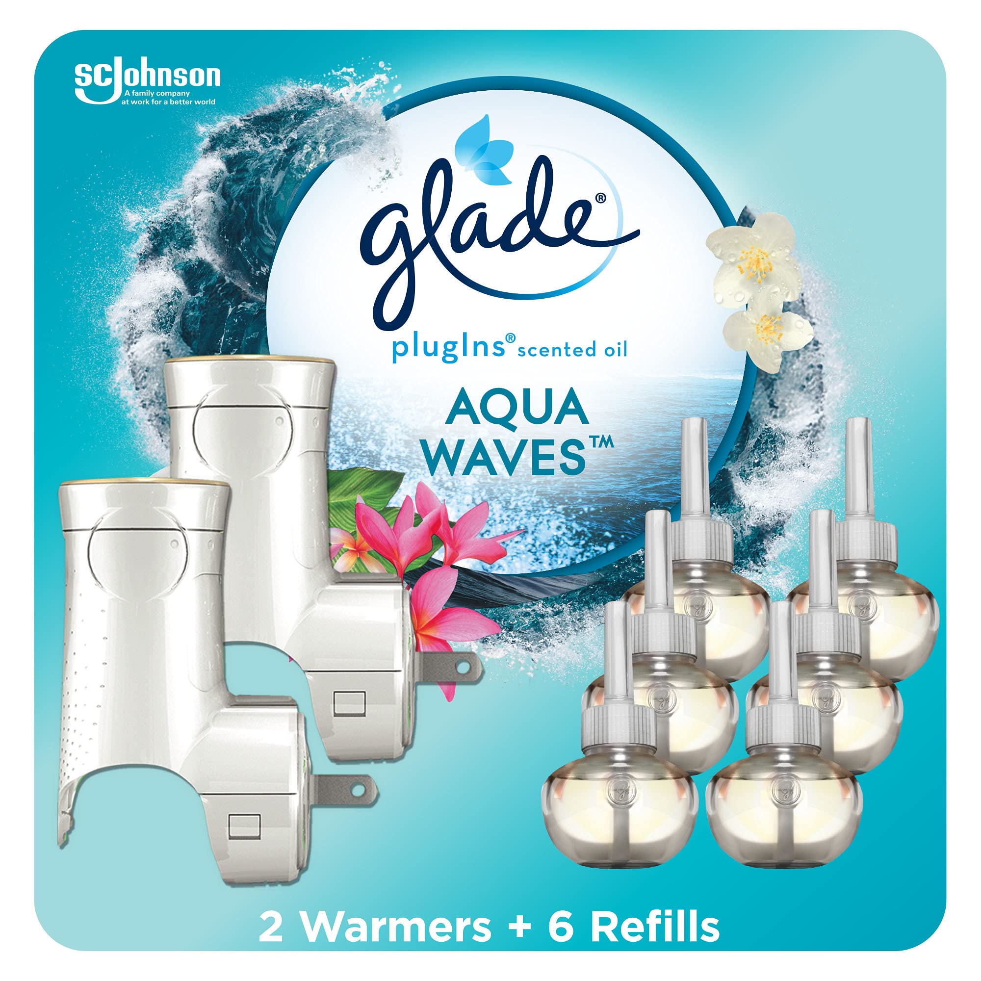 Glade Plugins Refills Air Freshener Starter Kit, Scented And Essential Oils For Home And Bathroom, Aqua Waves, 4.02 Fl Oz, 2 War