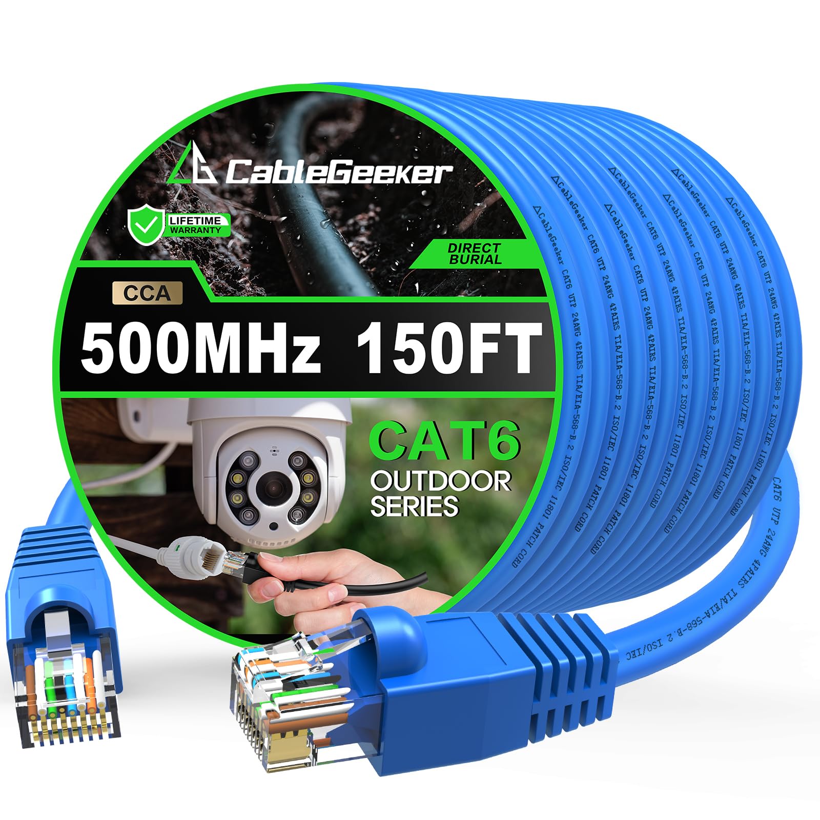 Cablegeeker Cat6 Outdoor Ethernet Cable 150 Ft Cca Copper Clad, Heavy Duty Internet Network Cable, Direct Burial, Waterproof, In