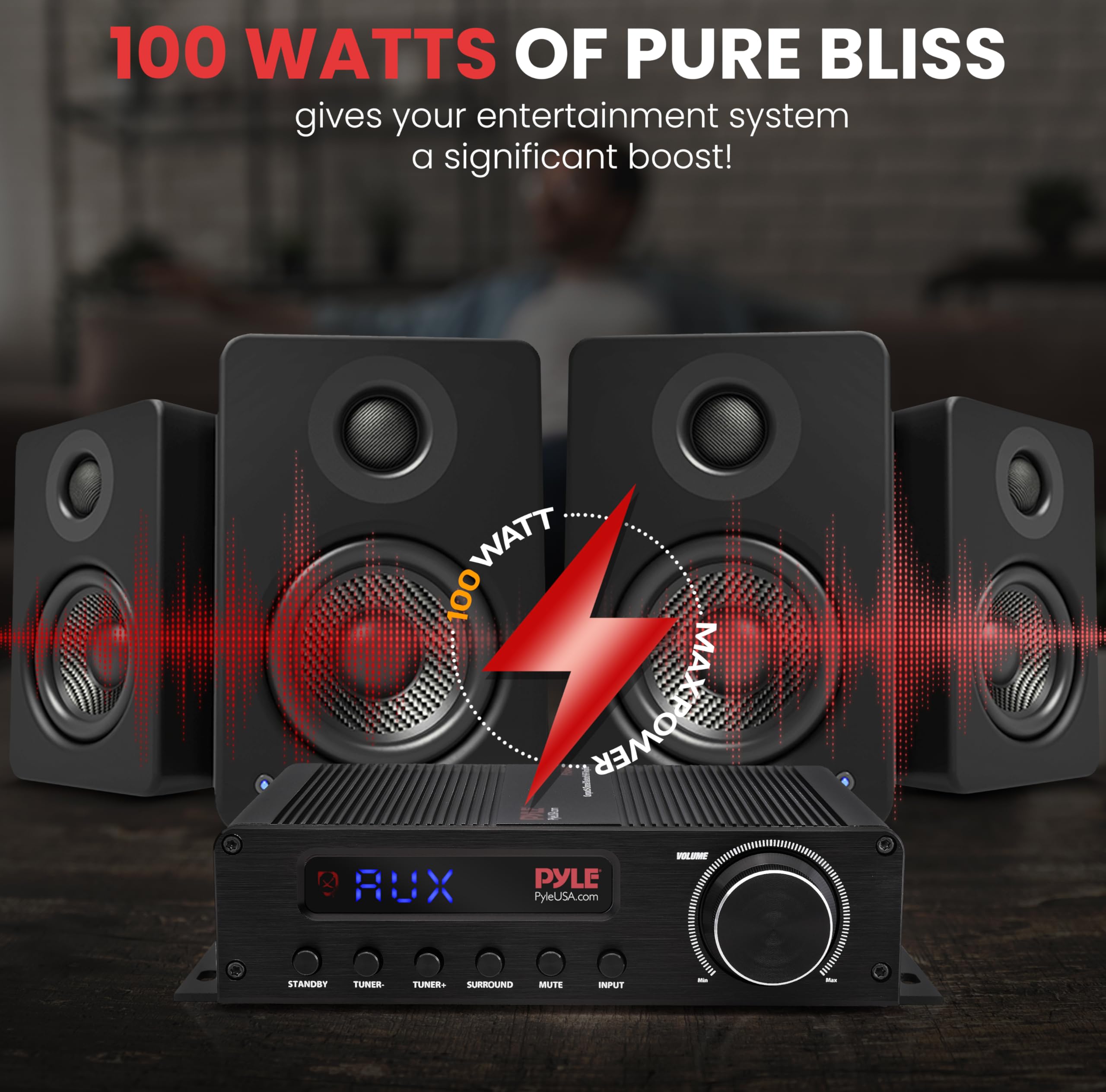 Pyle 100W 5 Channel Audio Amplifier - Wireless Bluetooth Home Theater Power Stereo Receiver With Surround Sound W/Hdmi, Aux, Fm