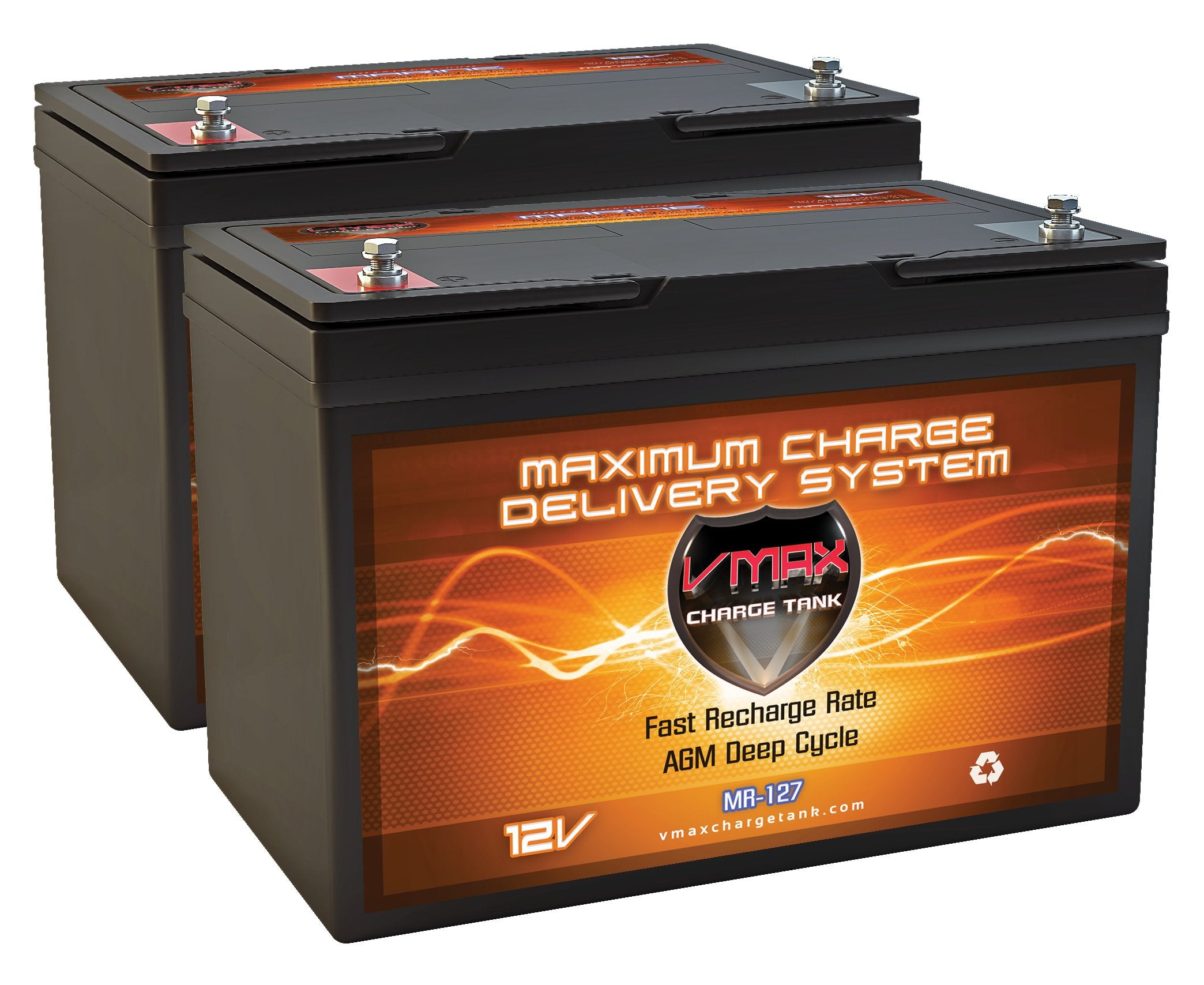 Qty 2 VMAX MR127-100, Two Group 27 12 Volt 100Ah AGM Deep Cycle Marine batteries compatible with 24 Volt trolling motors, 24V 10