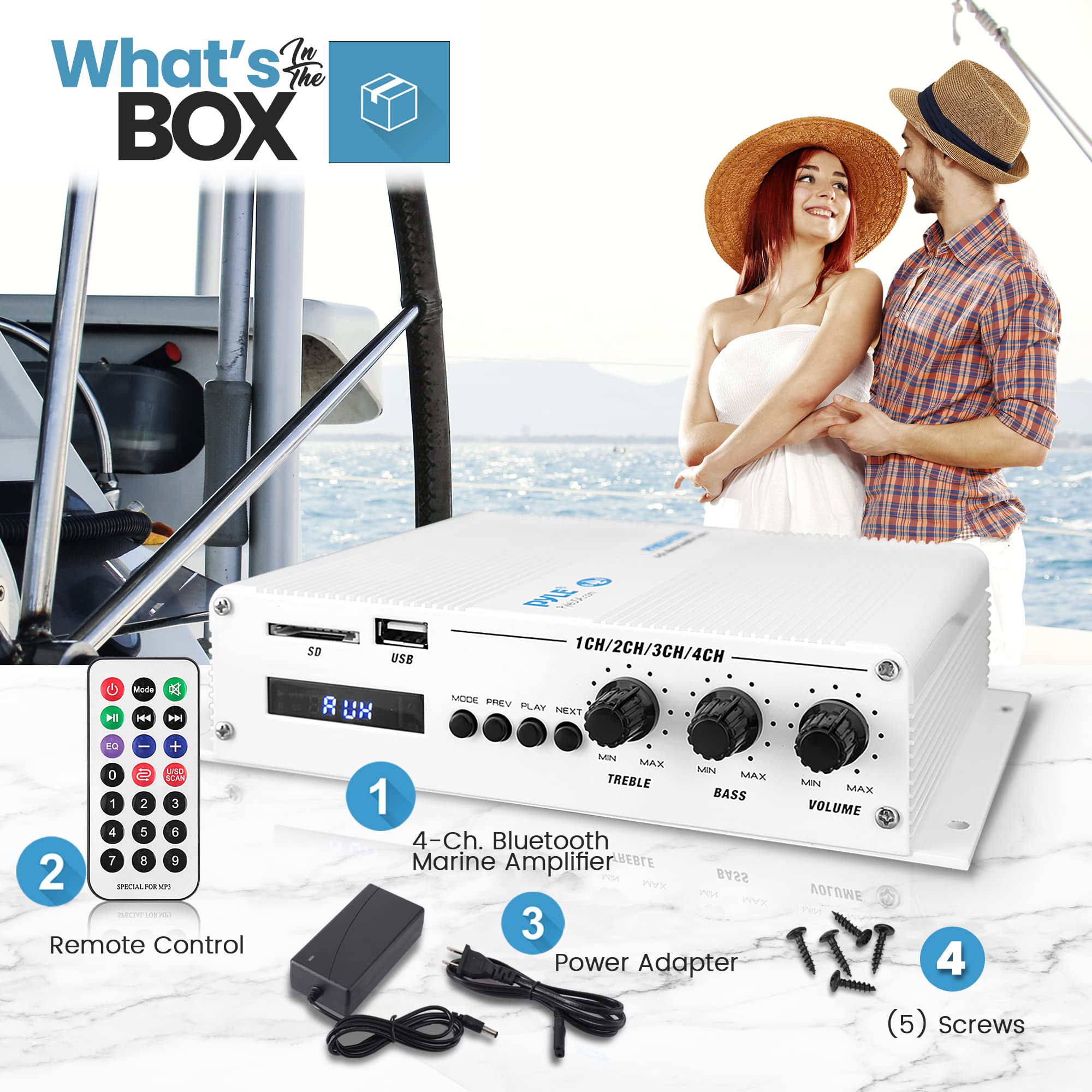 Pyle 4 Channel Bluetooth Marine Amplifier   Compact Power 400 Watt Rms 4 Ohm Full Range Monoblock Stereo & Waterproof   Wireless