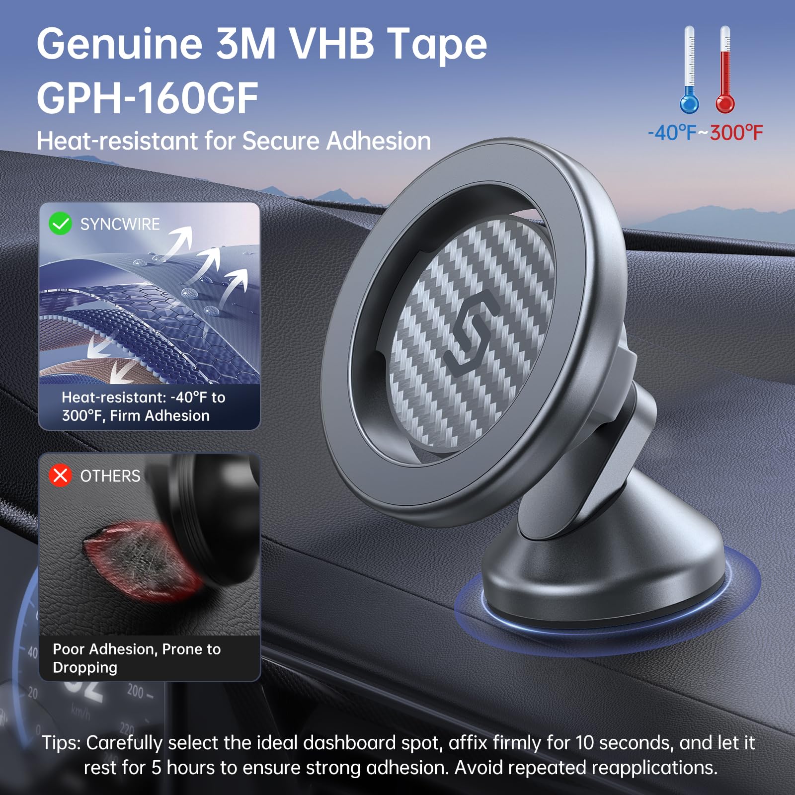 Syncwire For Magsafe Car Mount   Kevlar Material Magnetic Phone Holder For Car Dash,360 Rotation Strong Magnets Car Phone Holder