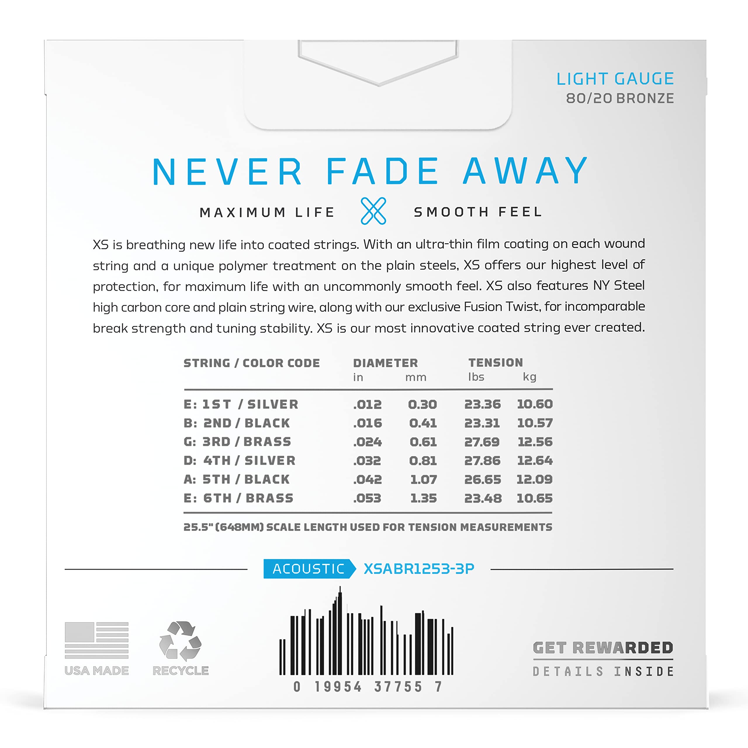 D'Addario Acoustic Guitar Strings, Xs 80/20 Bronze Coated, Xsabr1253 3P, Light Gauge 12 53, 6 String Set, Pack Of 3