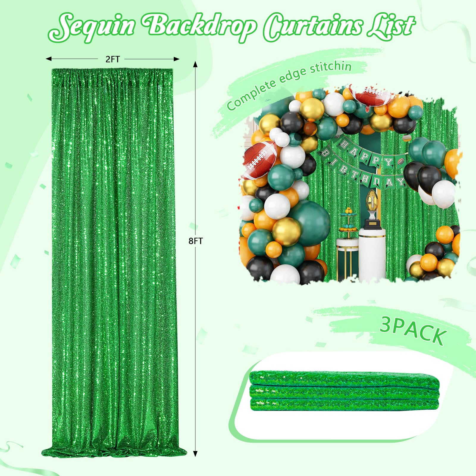 Sequin Curtains Christmas Backdrop 3 Panels Sequin Fabric 2Ftx8Ft Green Photography Background Wedding Photo Booth Backdrop