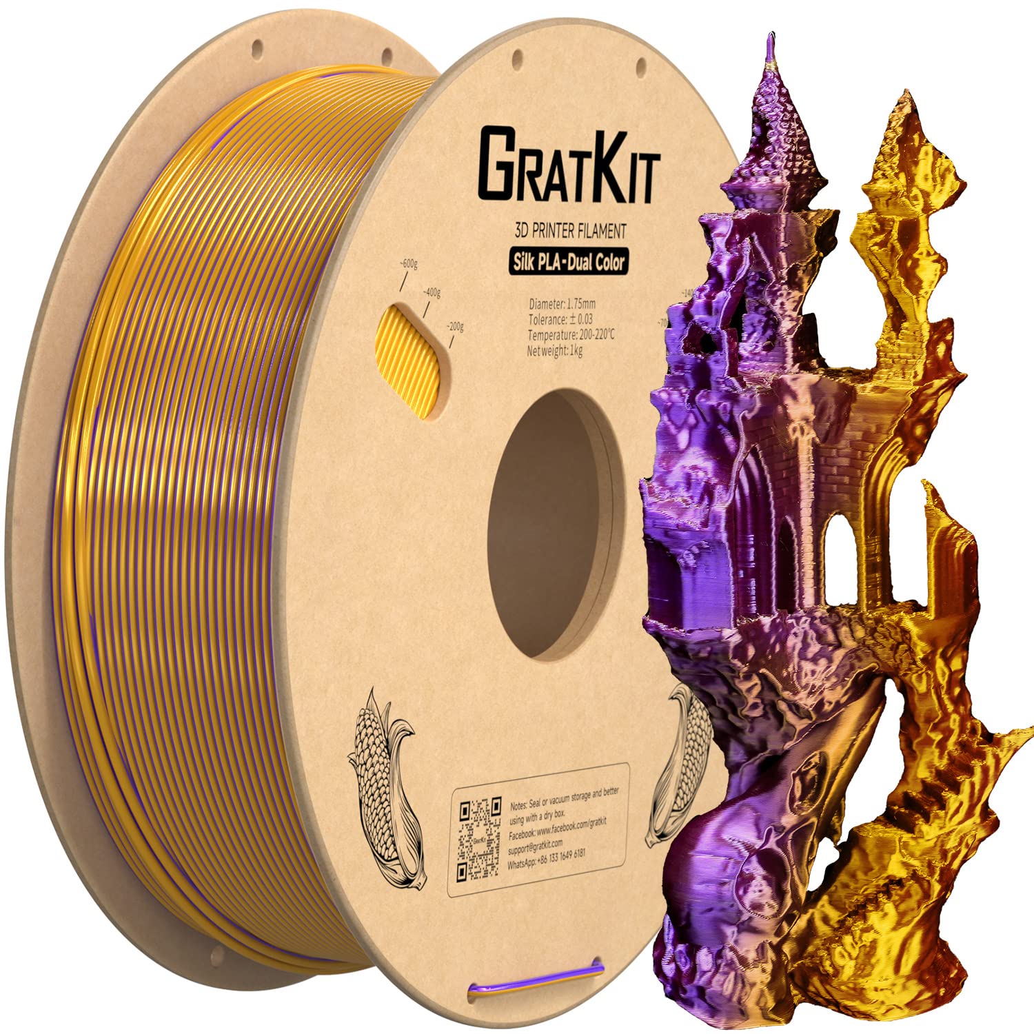 Gratkit Silk Dual Color Pla Filament, Coextrusion Pla Filament 1.75Mm,  0.03Mm, 1Kg/Roll, Silk Pla Purple & Gold