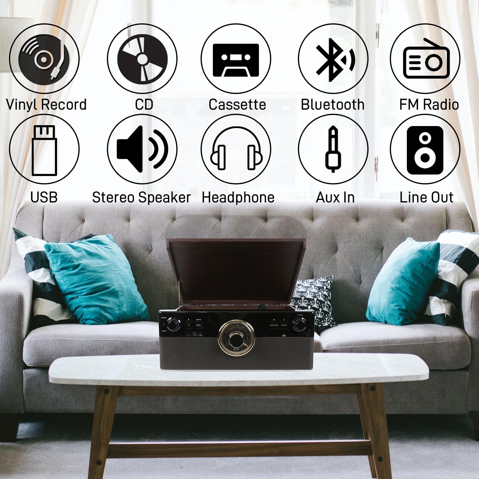 All In One Record Player 3 Speed Turntable Bluetooth Cd Cassette Tape Fm Radio Usb Playback And Recording Aux In Rca Line Out