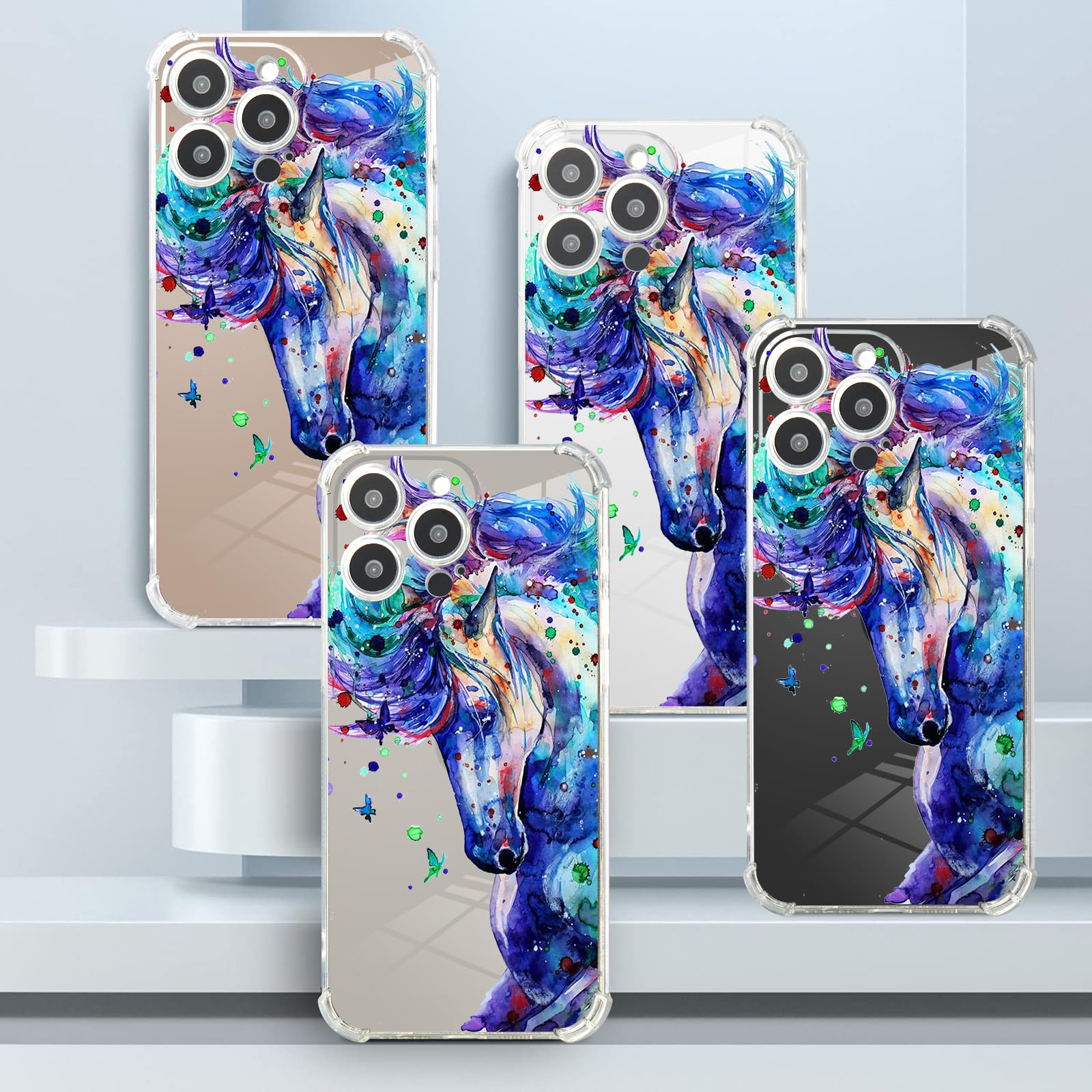 Roemary Purple Case For Iphone 16 Pro Max With Blue Horse Design,Watercolor Pattern With Screen Protector [Buffertech 6.6 Ft Dro
