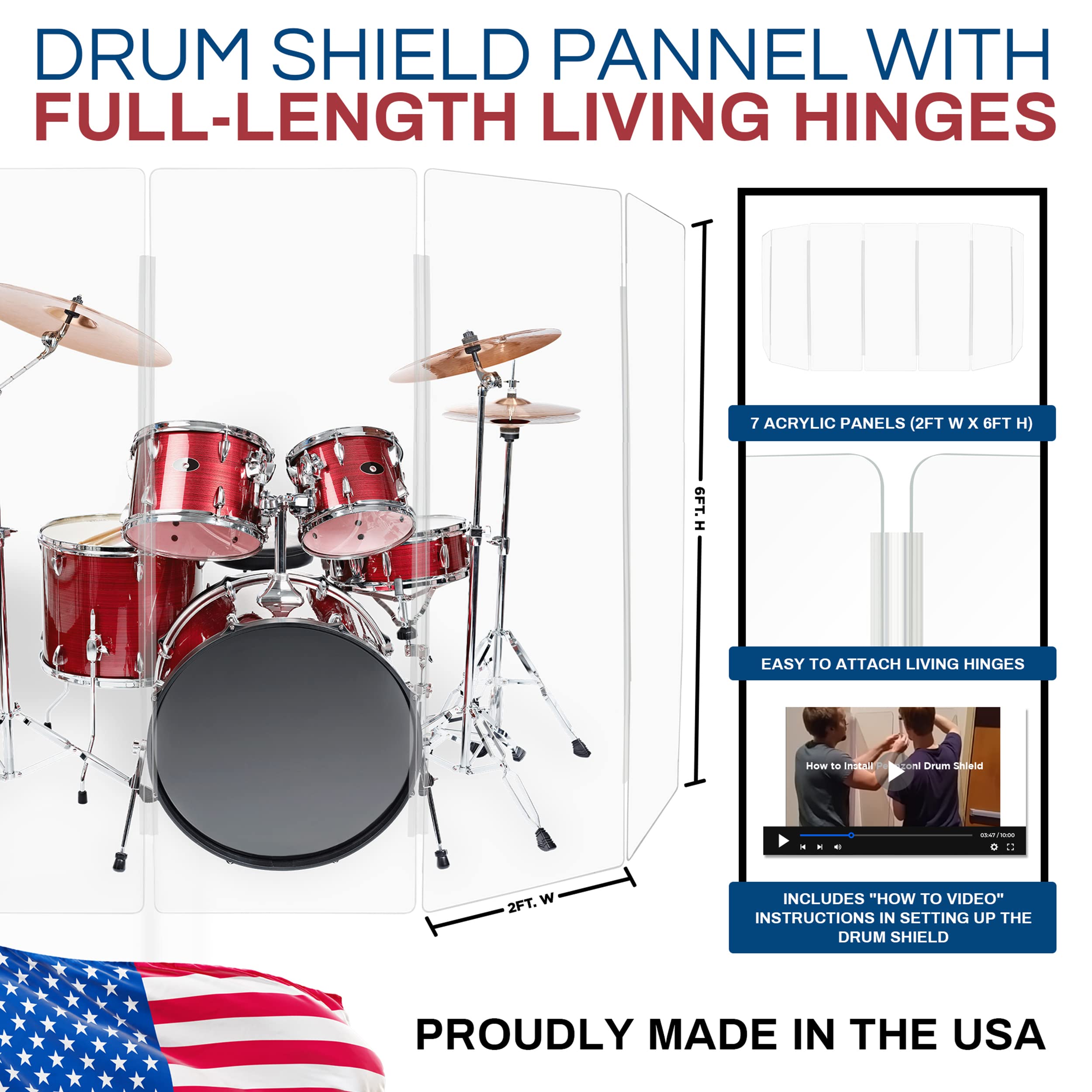 Pennzoni Drum Shield 6Ft W/Plastic Hinges, Comes W/ 7 Drum Panels, & Plastic Hinges, Premium Clear Acrylic Panels, Drum Screen