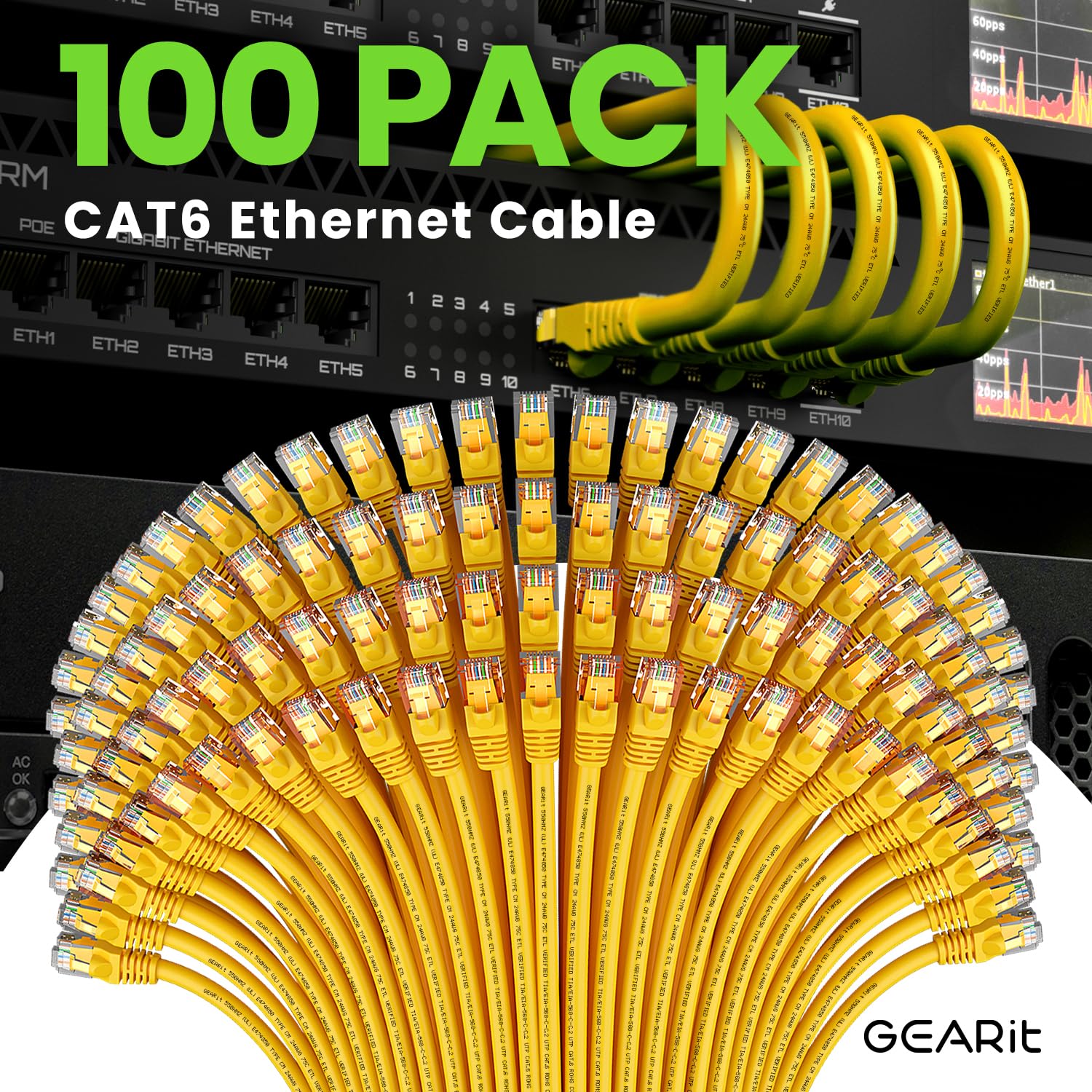 Gearit 100 Pack, Cat 6 Ethernet Cable Cat6 Snagless Patch 1 Foot   Snagless Rj45 Computer Lan Network Cord, Yellow   Compatible