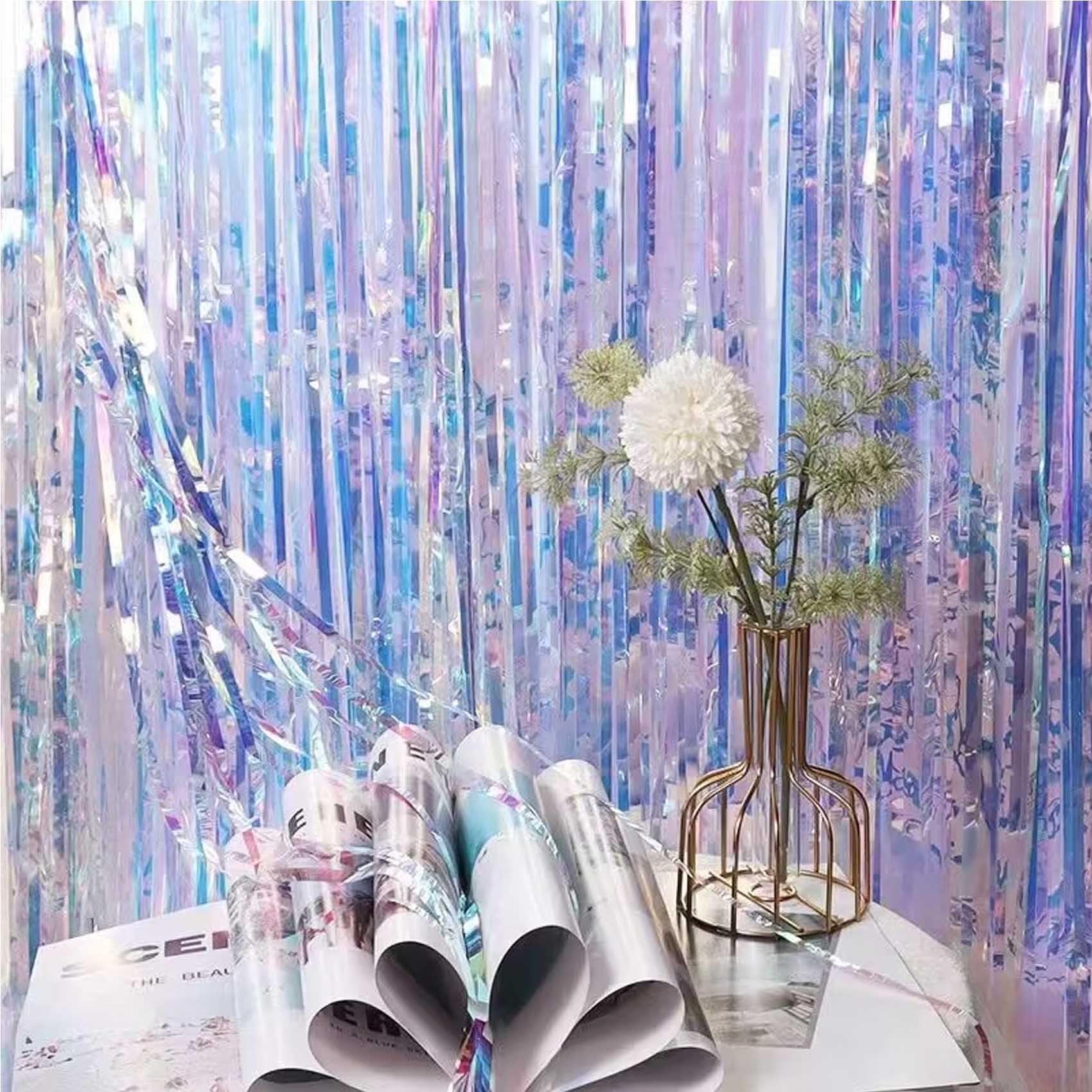 Brzikwt 2 Pcs Iridescent Transparent Foil Curtain Tinsel Backdrop Beautiful Neon Clear Streamers Backdrops Rainbow Photoshoot St