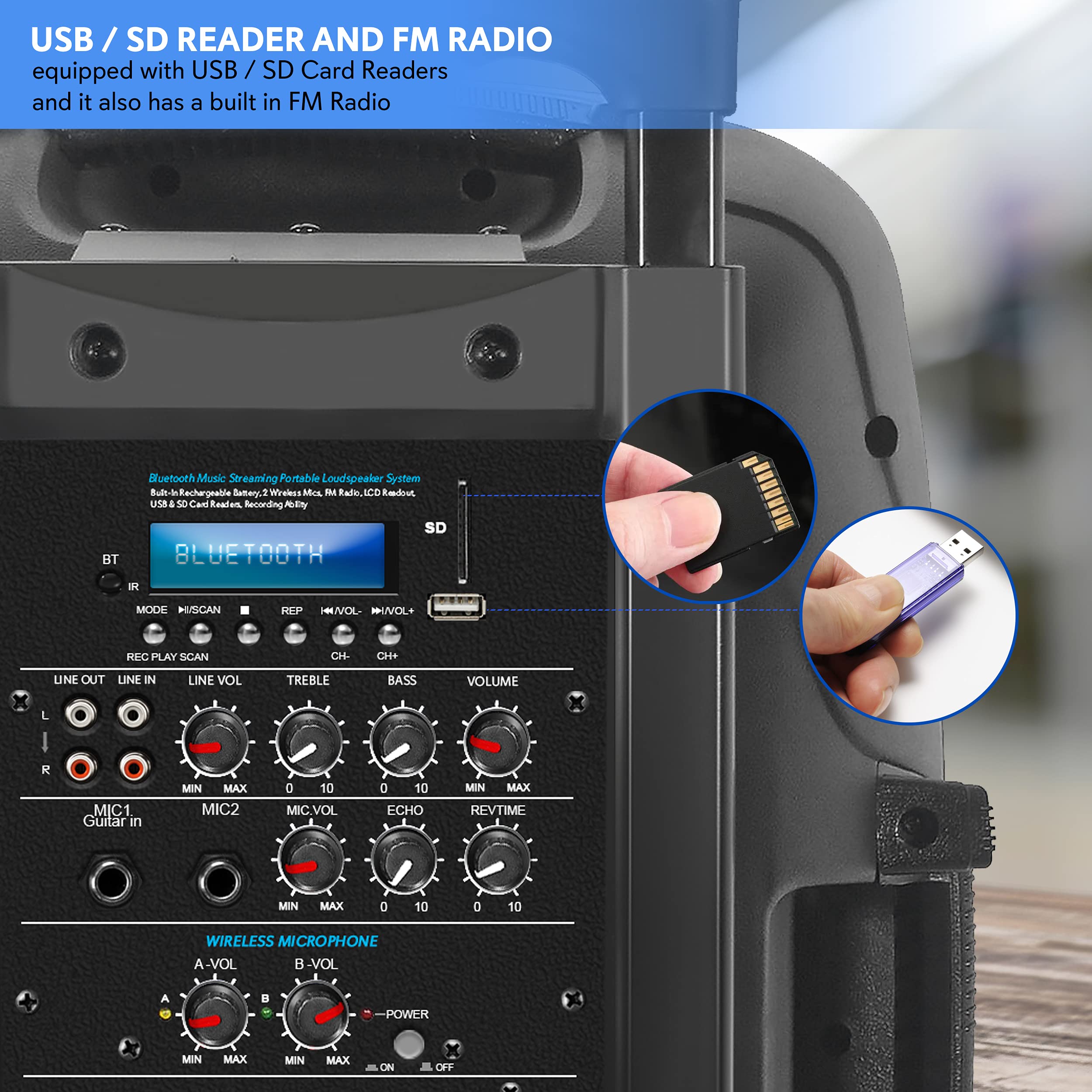 Pyle 1000 Watt, 12'' Bluetooth Pa Speaker   Indoor / Outdoor Portable Sound System With (2) Uhf Wireless Microphones, Rechargeab