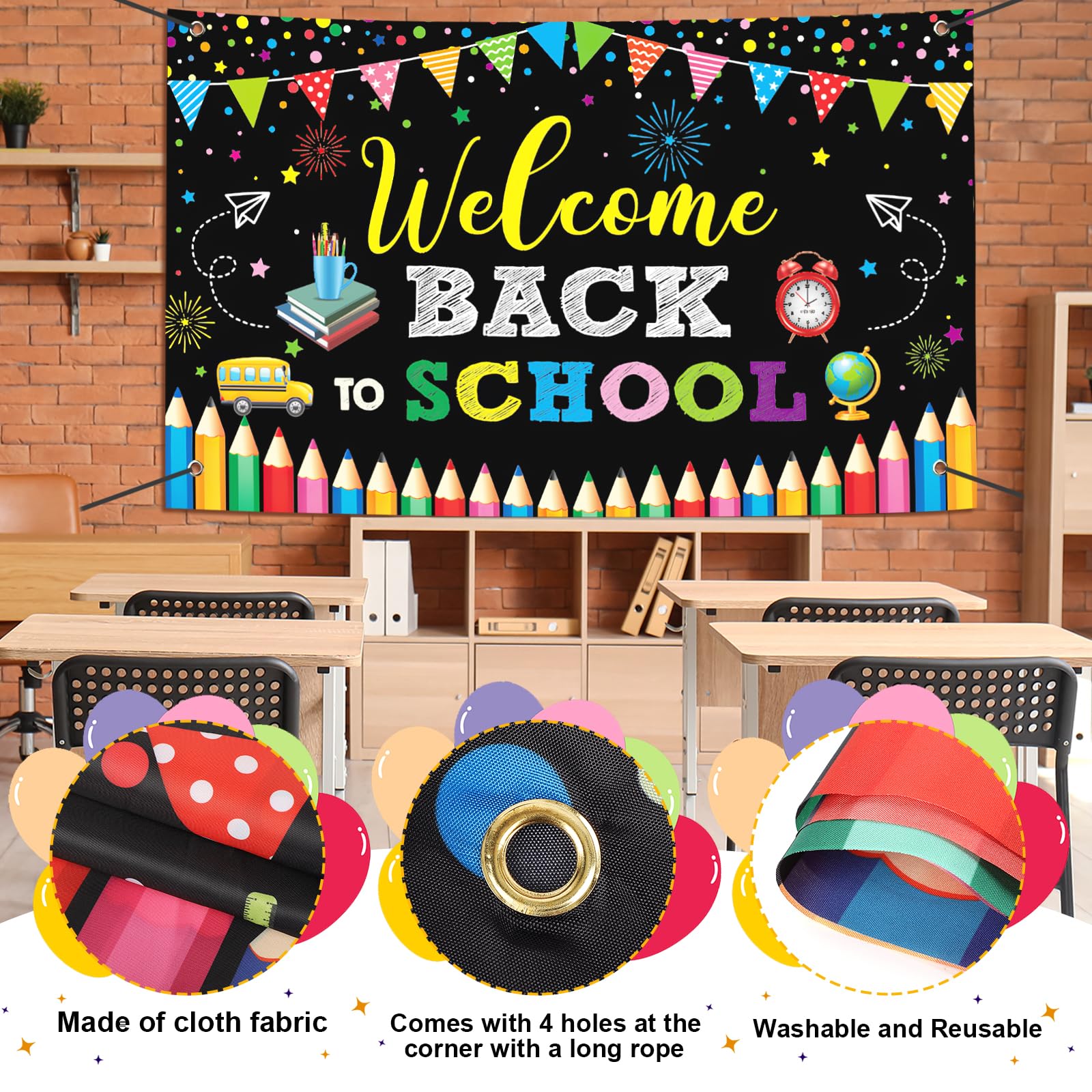 Large Welcome Back To School Banner Decorations 72X44 Inch, First Day Of School Backdrop Banner Flag Photography Background For