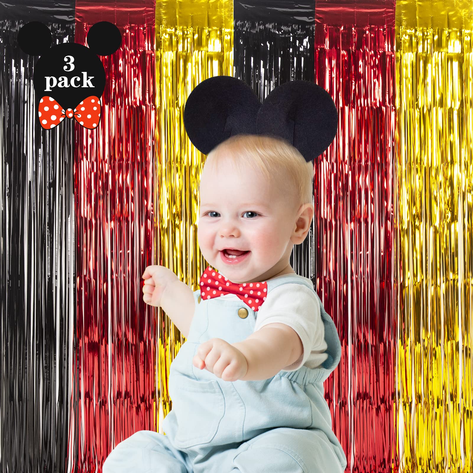 Lolstar 3 Pack Mickey Birthday Party Supplies, 3.3X6.6 Ft Black Red Gold Tinsel Foil Fringe Curtains, Cartoon Mouse Photo Booth