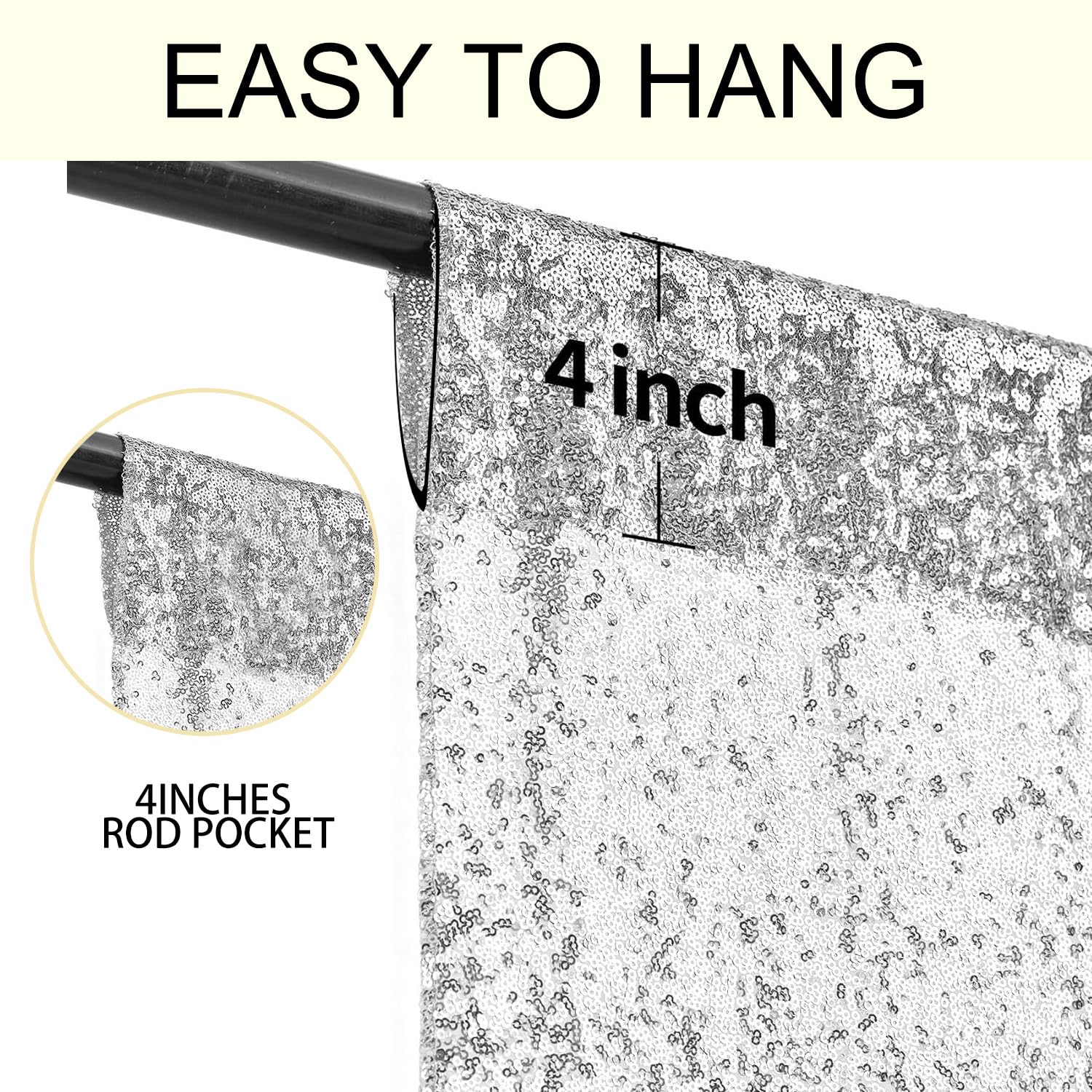 2  8Ft 2Pcs Silver Sequin Backdrop Curtains Panels, Photography Backdrop Glitter Fabric Background For Christmas Wedding Party D