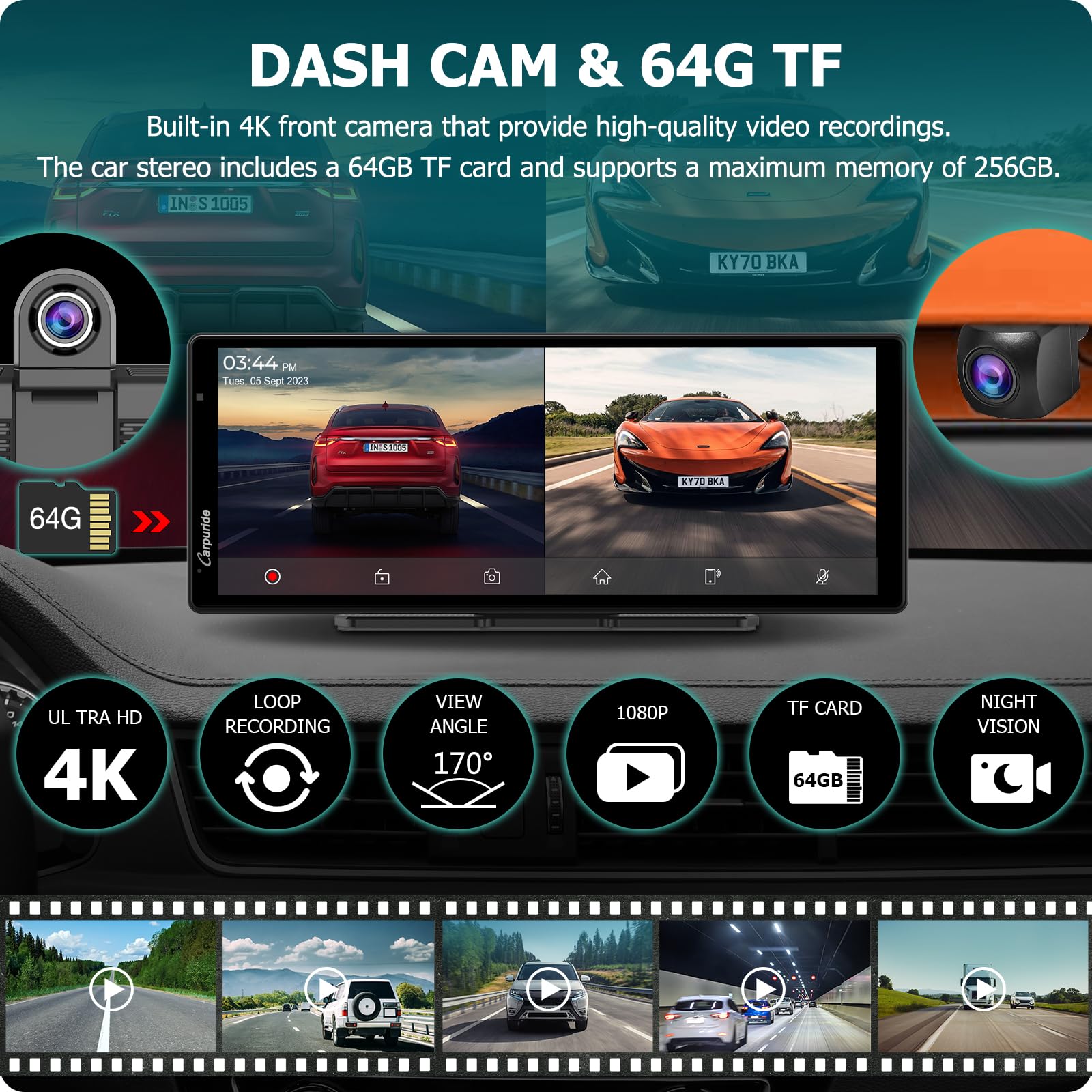 2024 Carpuride W903 Portable Carplay & Android Auto With Dash Cam   9.3' Hd Ips Screen, 4K Front &1080P Rear Cam, Loop Recording, Bluetooth, Mirror Link, Gps, Siri, Dashboard Mounted