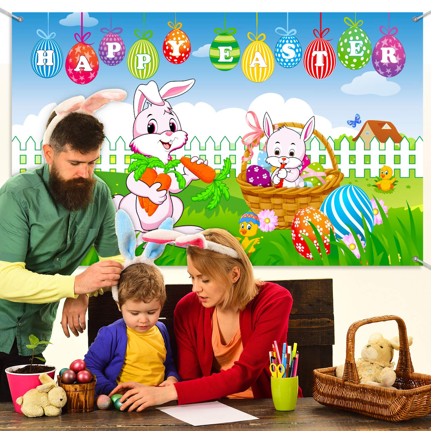 Happy Easter Party Backdrop Banner, Spring Easter Rabbit Colorful Eggs And Chick Sign Green Grass Yard Photo Background Bunny Ph