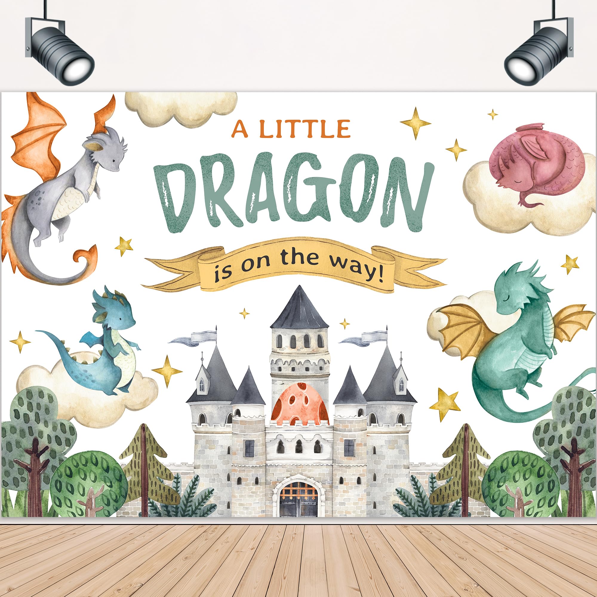 Lightinhome Dragon Baby Shower Backdrop 7Wx5H Feet A Little Dragon Is On The Way Cartoon Castle Cute Watercolor Kids Boys Photog