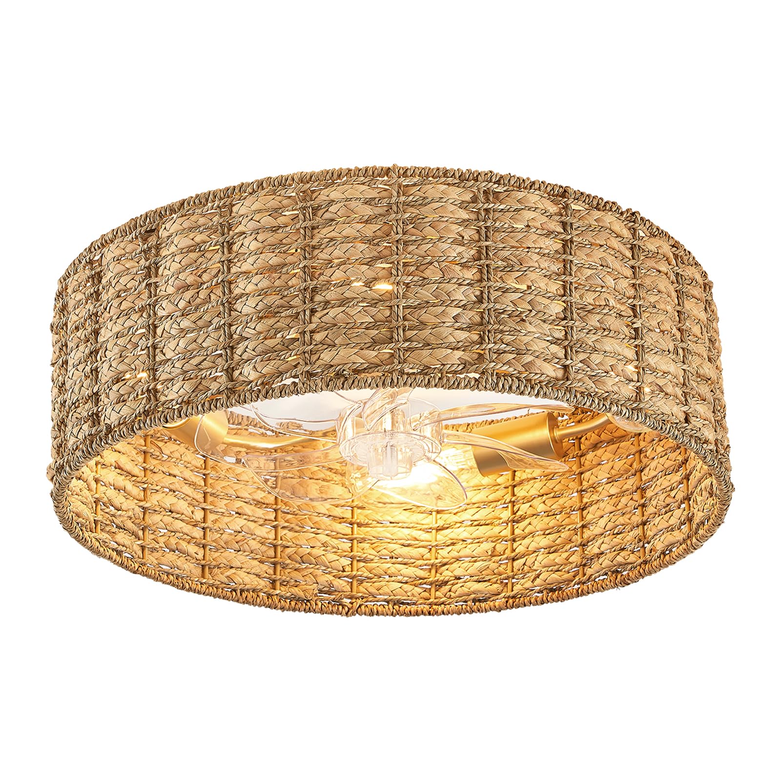 Boho Ceiling Fans with Lights Enclosed Rattan Fandelier with Lights and Remote Low Profile Flush Mount Wicker Caged Ceiling Fan 