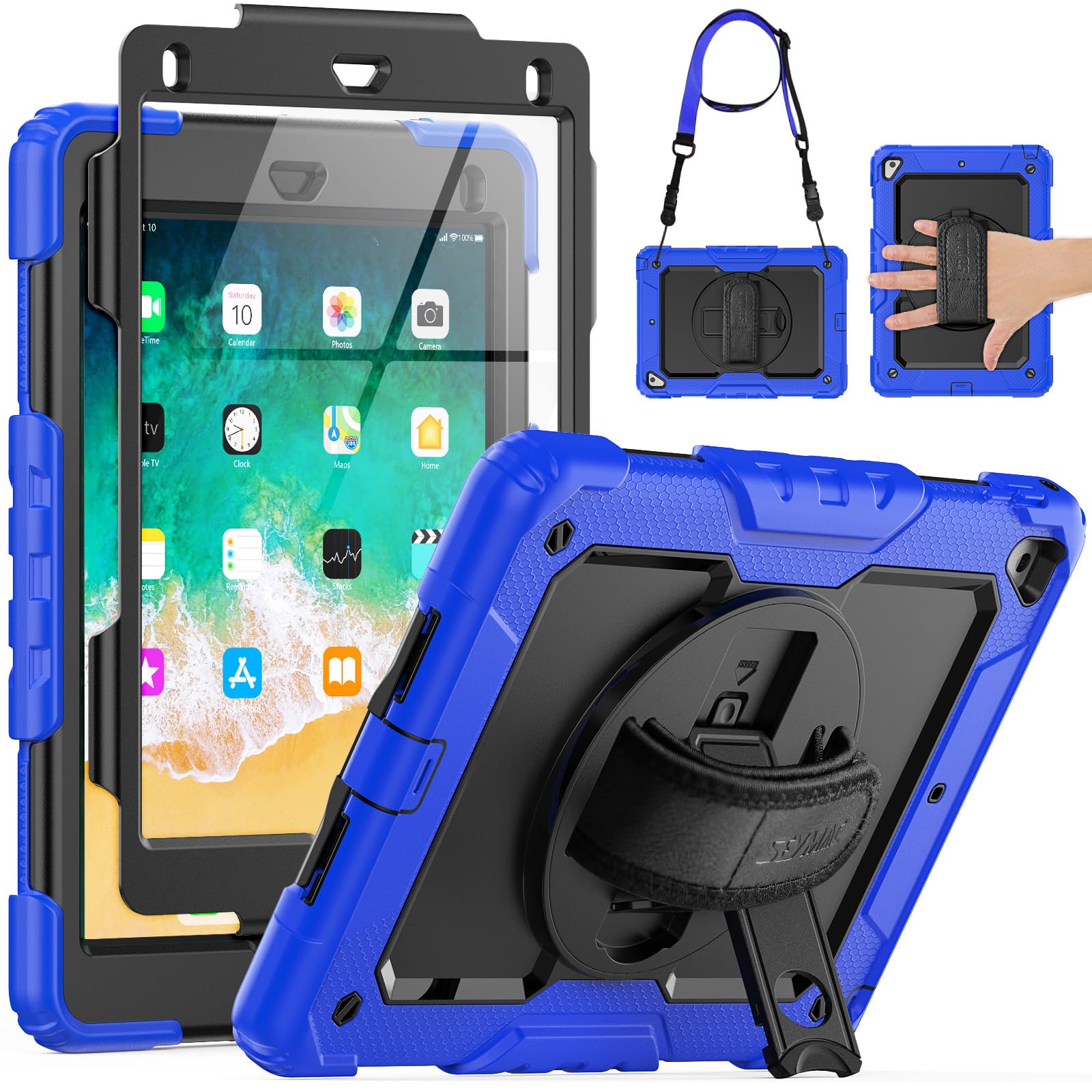 Seymac Case For Ipad 6Th/5Th Generation 9.7 Inch, Full Body Shockproof Heavy Duty Protective Case With Screen Protector, Rotating Stand/Hand/Shoulder Strap For Ipad Air 2/ Pro 9.7, Dark Blue